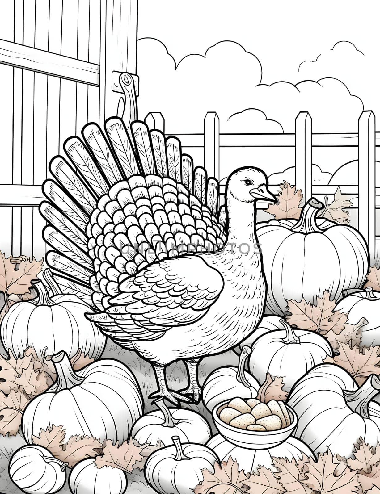 Black and White coloring book young turkey around pumpkin farm leaves. Turkey as the main dish of thanksgiving for the harvest. An atmosphere of joy and celebration.