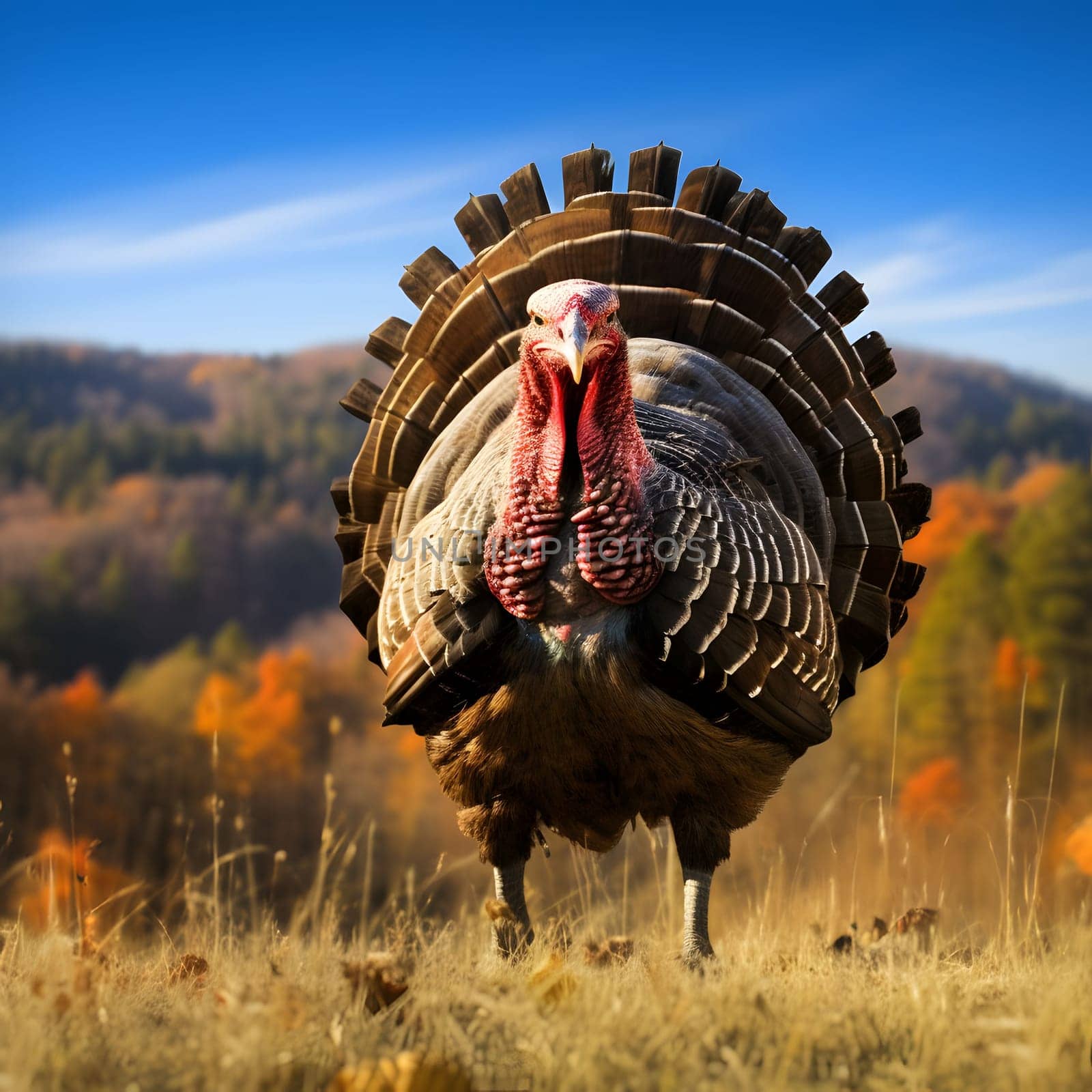 Colorful big 3D turkey in a clearing in the background view of valleys and Forest. Turkey as the main dish of thanksgiving for the harvest. An atmosphere of joy and celebration.