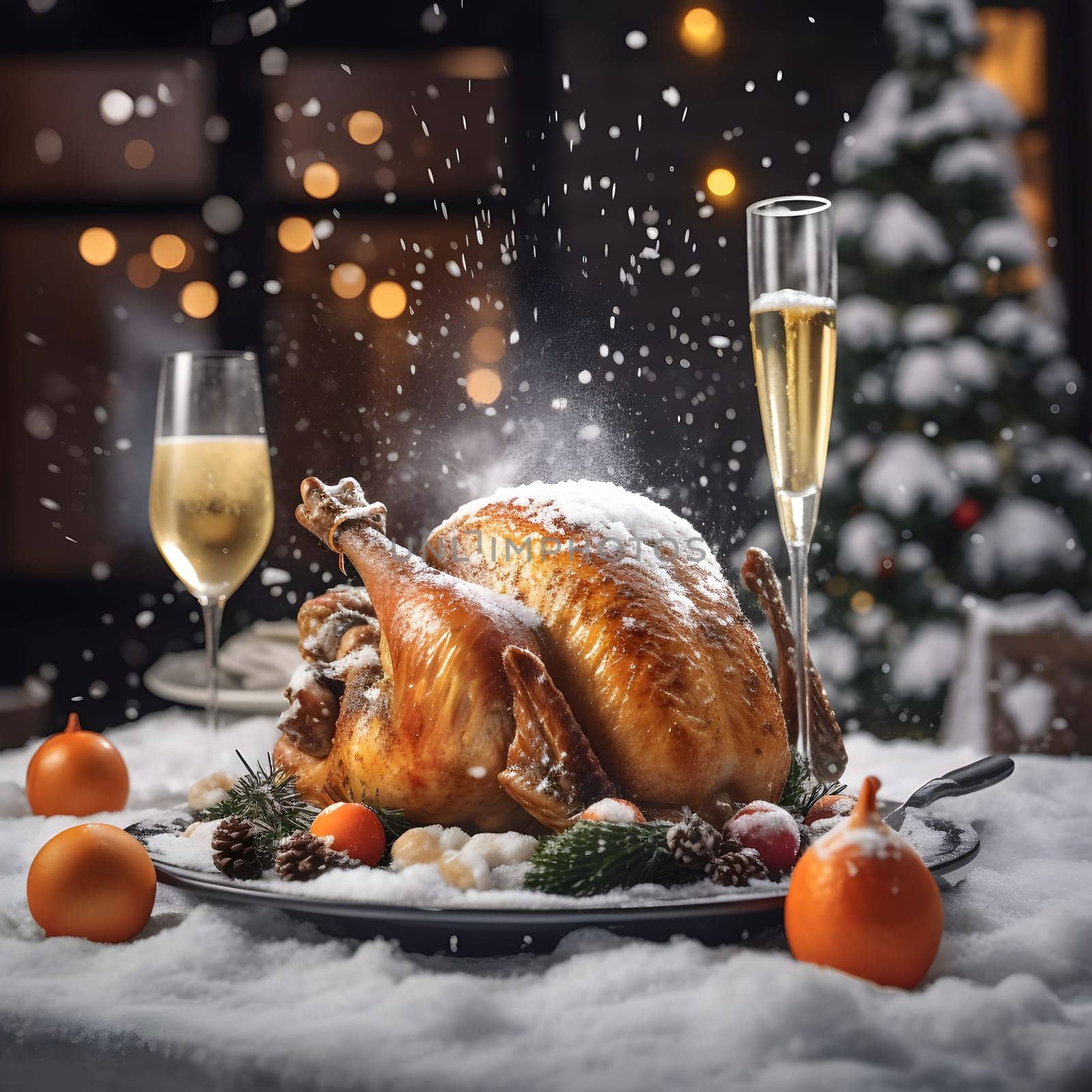 Roasted turkey around champagne glasses, falling snow and a Christmas tree. Turkey as the main dish of thanksgiving for the harvest. An atmosphere of joy and celebration.