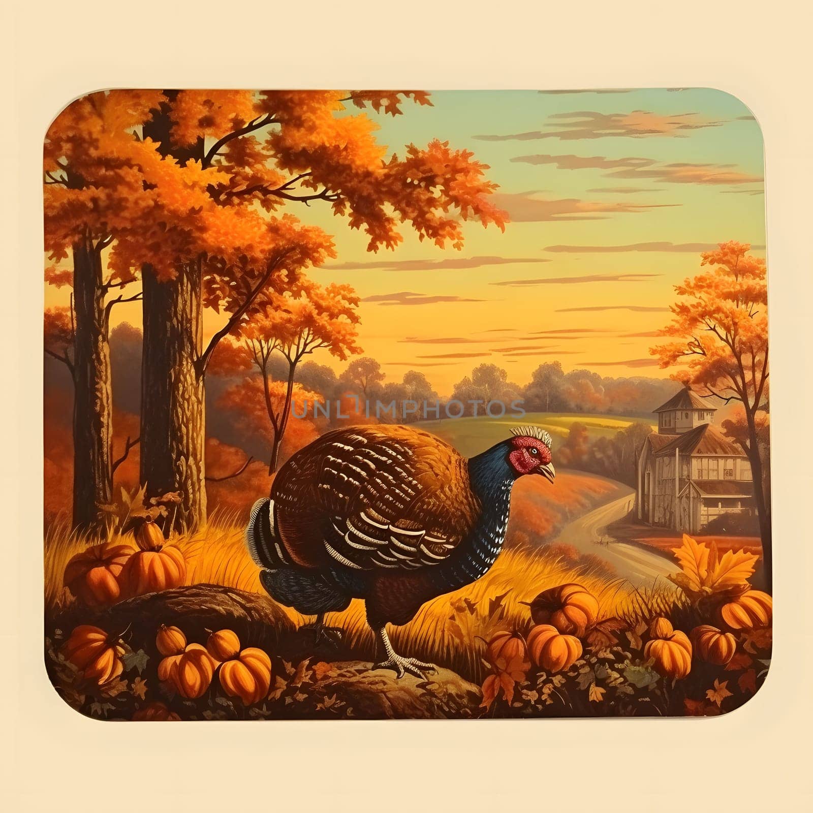 Retro illustration of a turkey in a pumpkin field with trees and autumn in the background. Turkey as the main dish of thanksgiving for the harvest. by ThemesS