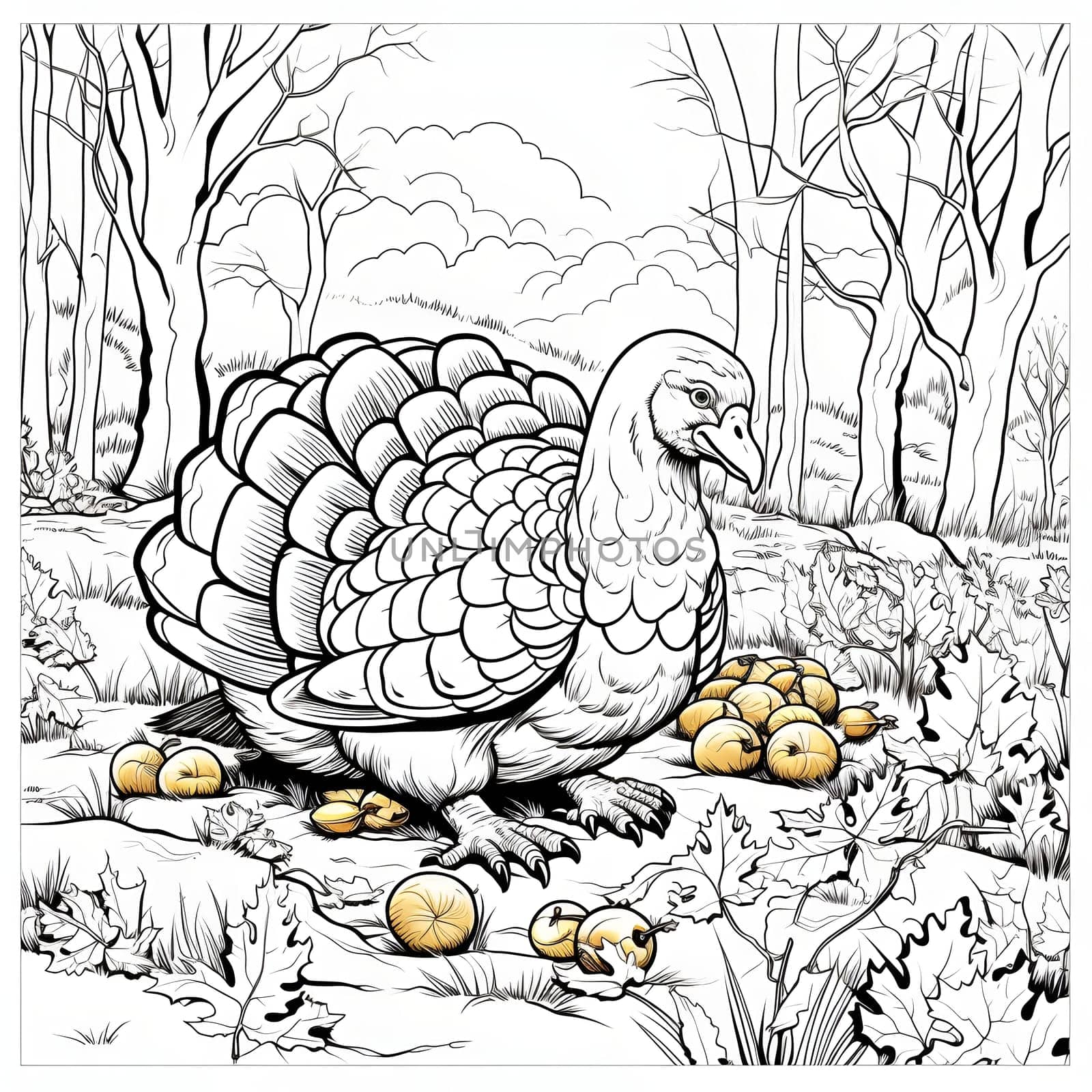 Black and White coloring book turkey in the forest around the leaves small fruits. Turkey as the main dish of thanksgiving for the harvest. by ThemesS