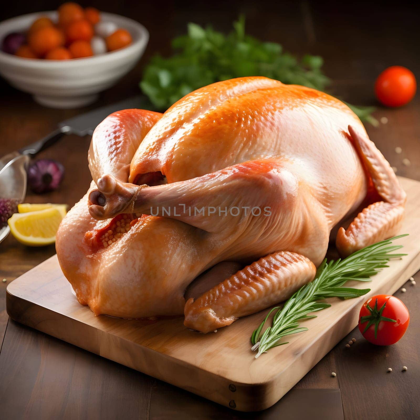 Raw chicken, turkey on a wooden kitchen board. Turkey as the main dish of thanksgiving for the harvest. An atmosphere of joy and celebration.