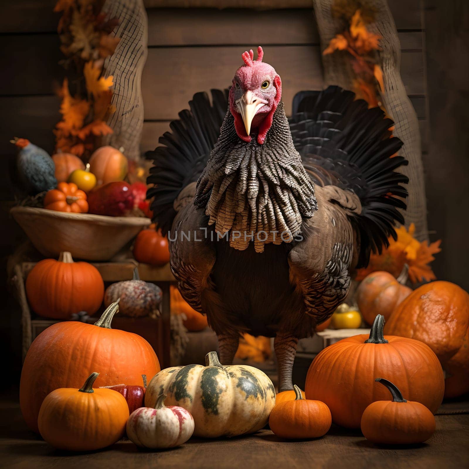 Adult 3D turkey around him many colorful pumpkins. Turkey as the main dish of thanksgiving for the harvest. An atmosphere of joy and celebration.