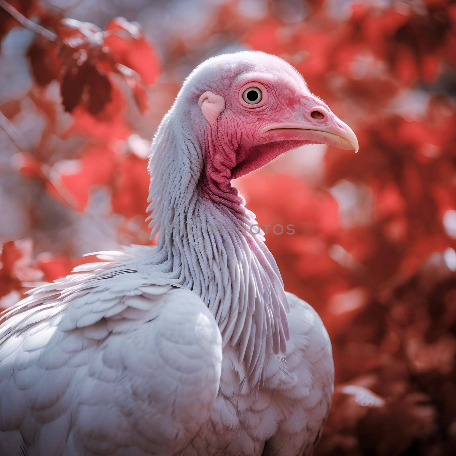 Small turkey chicken, close-up view on red background. Turkey as the main dish of thanksgiving for the harvest. An atmosphere of joy and celebration.