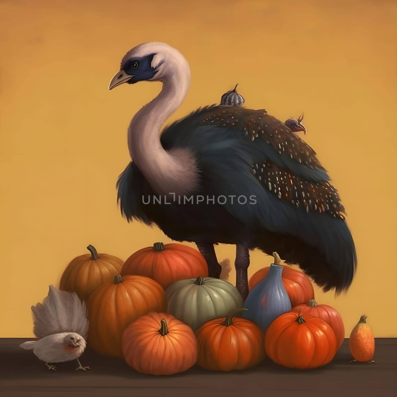 Illustration of an old turkey at his feet pumpkins. uniform bright background. Turkey as the main dish of thanksgiving for the harvest. An atmosphere of joy and celebration.