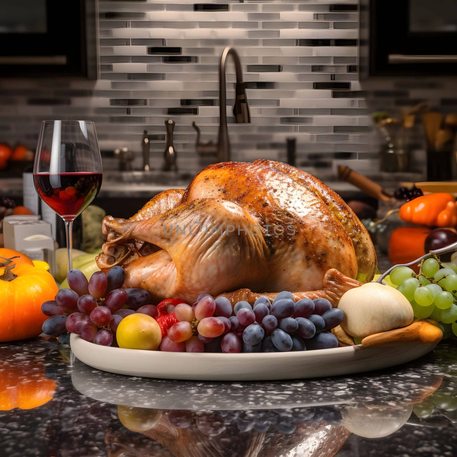 Kitchen tray with roasted turkey, pumpkins and oranges around wine in the background kitchen. Turkey as the main dish of thanksgiving for the harvest. by ThemesS