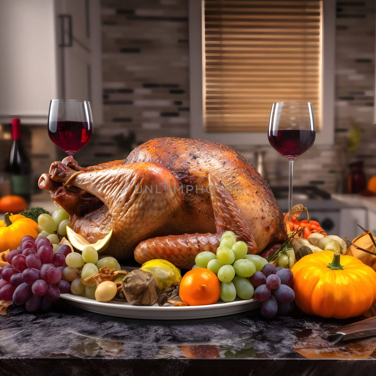 Kitchen tray with roasted turkey, pumpkins and oranges around wine in the background kitchen. Turkey as the main dish of thanksgiving for the harvest. An atmosphere of joy and celebration.