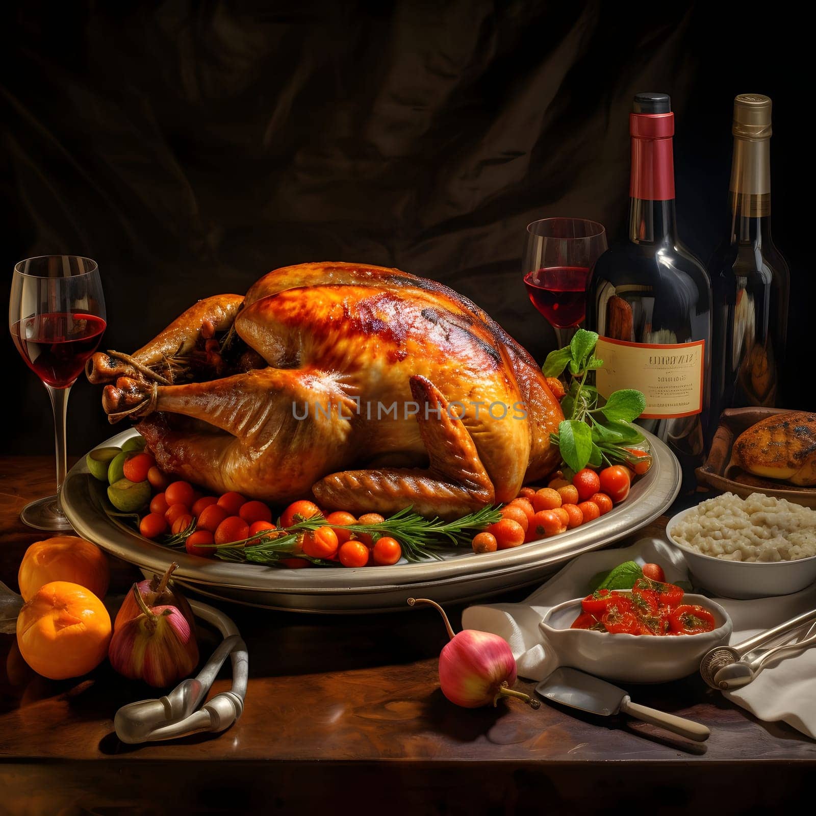 Pile of food, Roast turkey fruit, vegetables, bottle, wine, glasses and flowers on dark background. Turkey as the main dish of thanksgiving for the harvest, picture on a white isolated background. An atmosphere of joy and celebration.