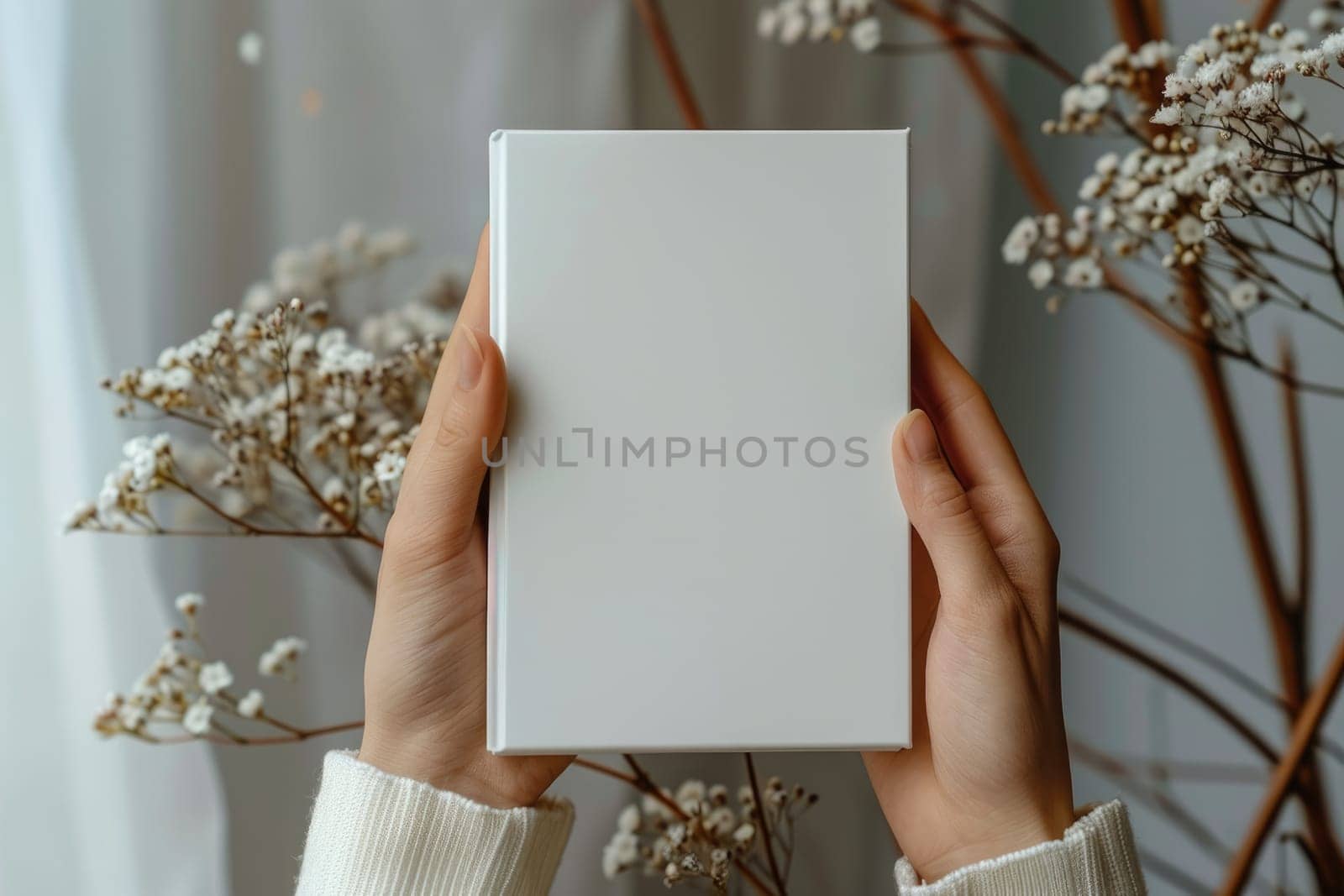 Hand holding white blank book mockup, isolated