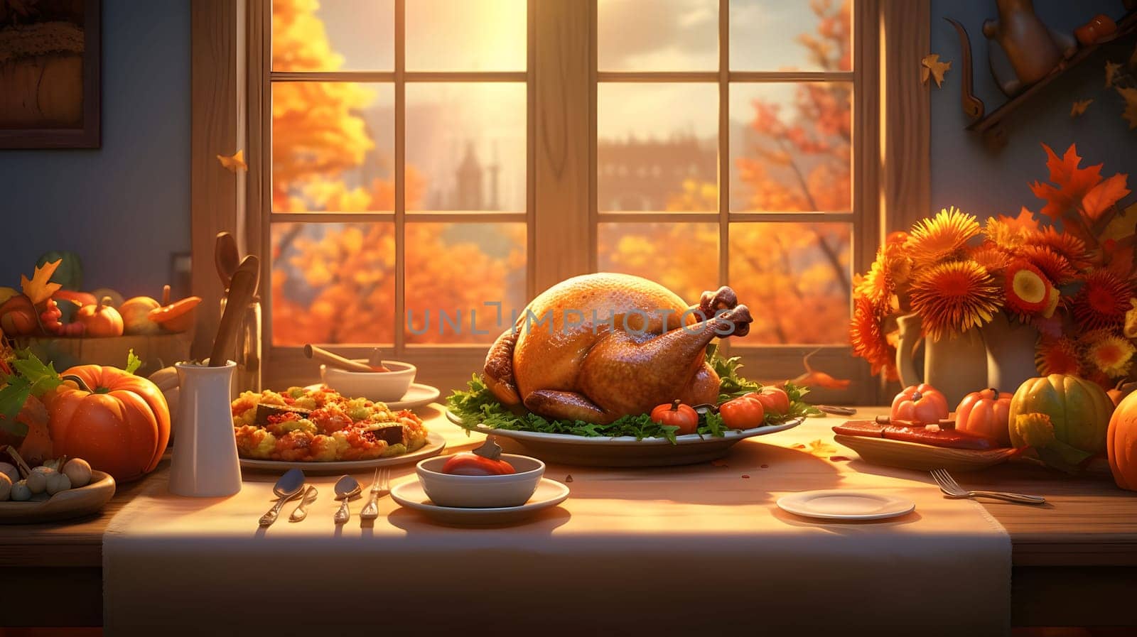 A table with a feast of turkey, pumpkins, flowers, fruits vegetables, in the back a window with a view of autumn. Turkey as the main dish of thanksgiving for the harvest. An atmosphere of joy and celebration.