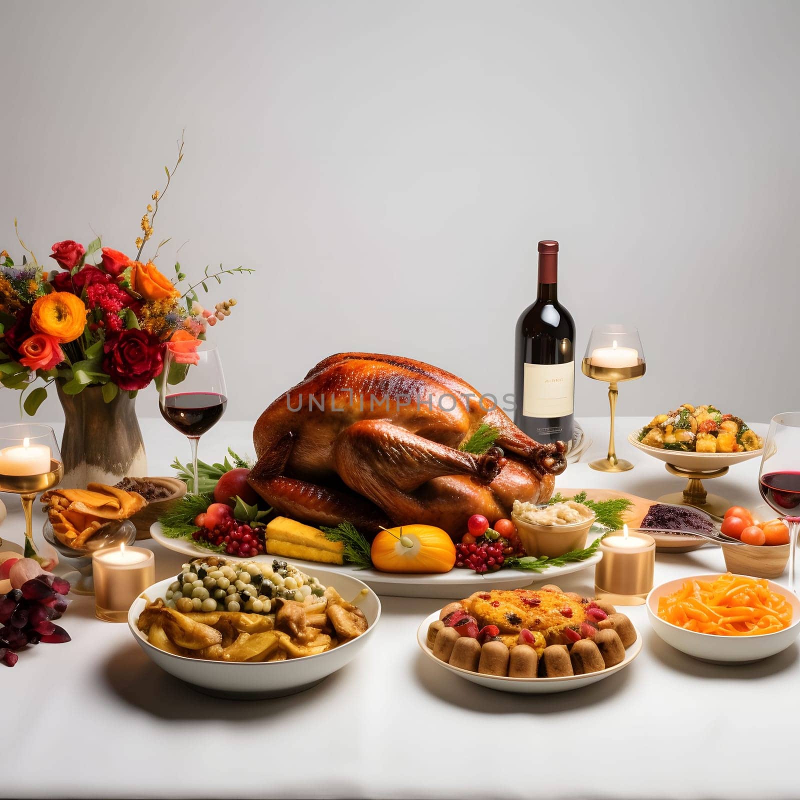 Table full of food with turkey, wine, sweets, flowers, candles. Turkey as the main dish of thanksgiving for the harvest, picture on a white isolated background. by ThemesS