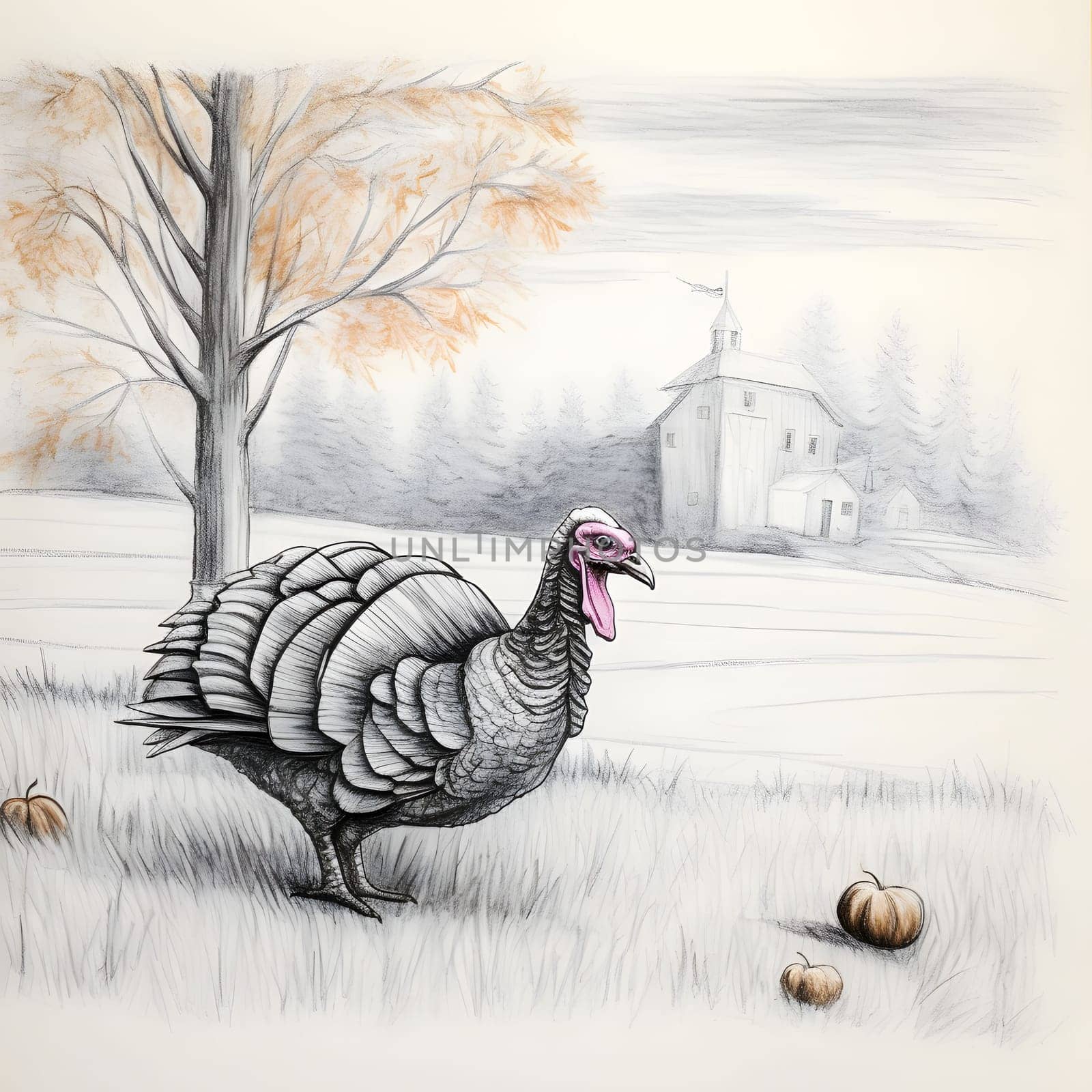 Black and White illustration, drawing, turkey in a field, around a tree, valley. Turkey as the main dish of thanksgiving for the harvest, picture on a white isolated background. by ThemesS