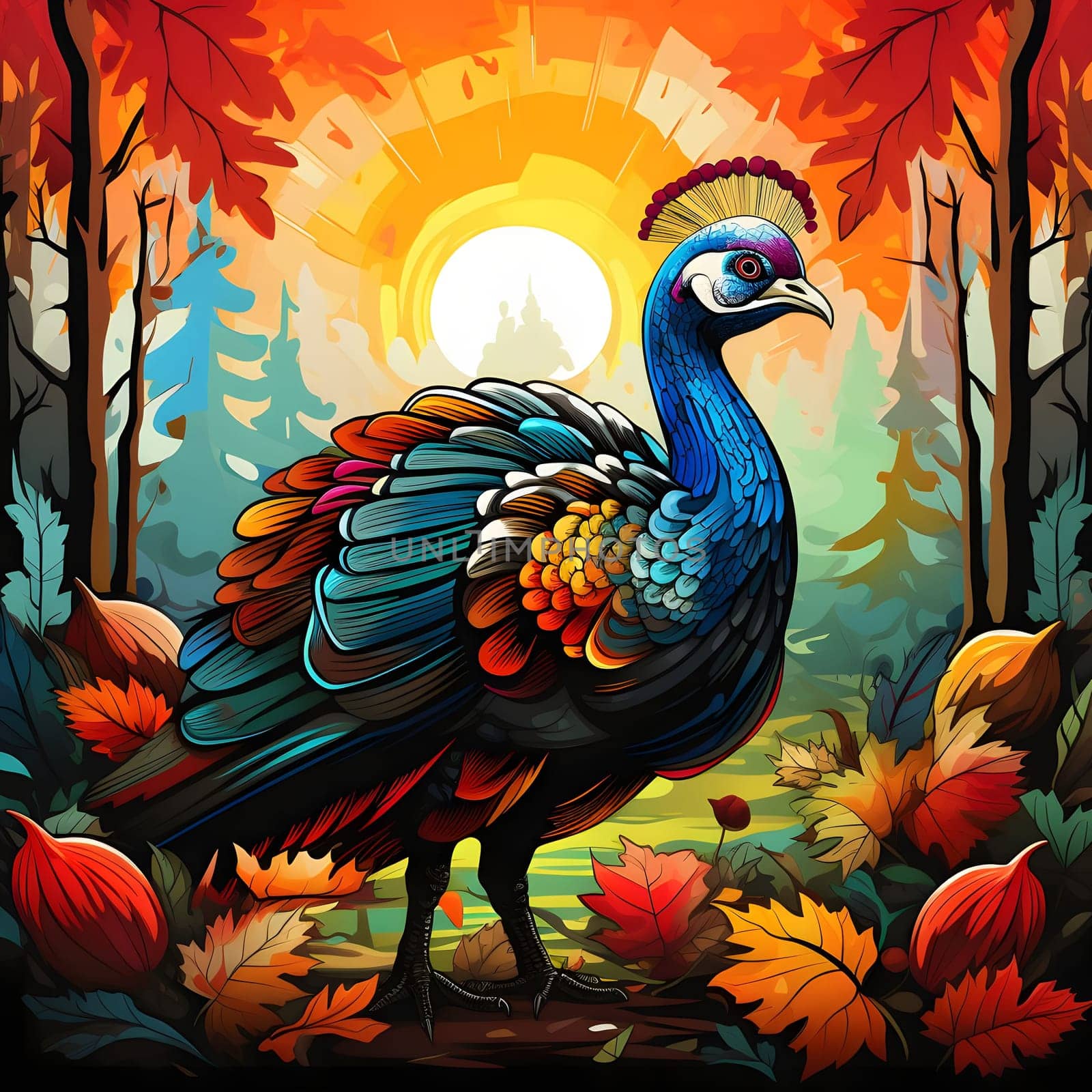 Colorful turkey at sunrise in the forest leaves, illustration. Turkey as the main dish of thanksgiving for the harvest. An atmosphere of joy and celebration.