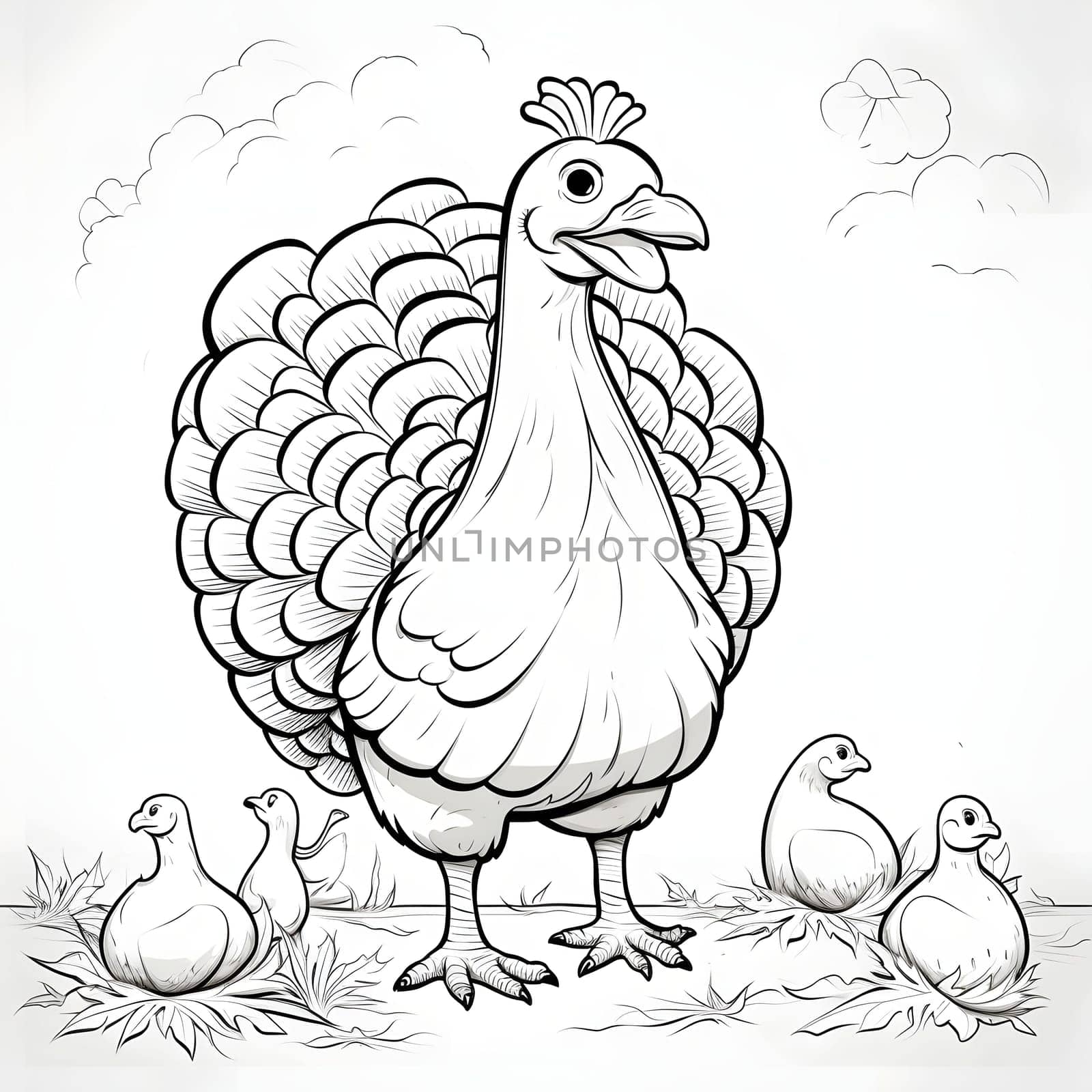 Black and White coloring book happy turkey with small children. Turkey as the main dish of thanksgiving for the harvest. An atmosphere of joy and celebration.