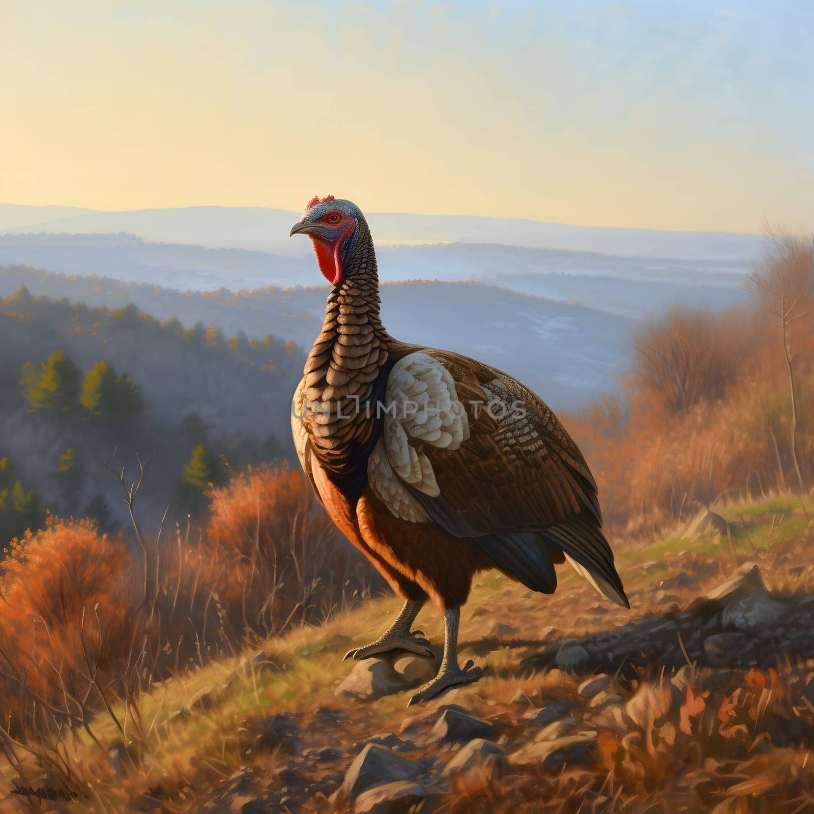 Standing turkey on a hill in the background, Valley Forest Fields. Turkey as the main dish of thanksgiving for the harvest. by ThemesS