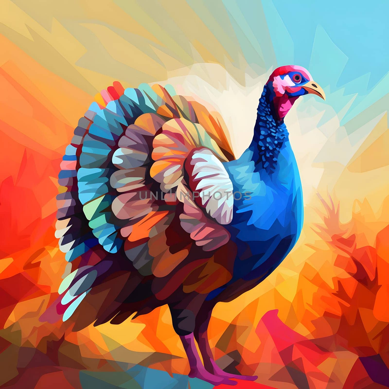 Colorful and turkey with geometric watercolor figures. Turkey as the main dish of thanksgiving for the harvest. by ThemesS