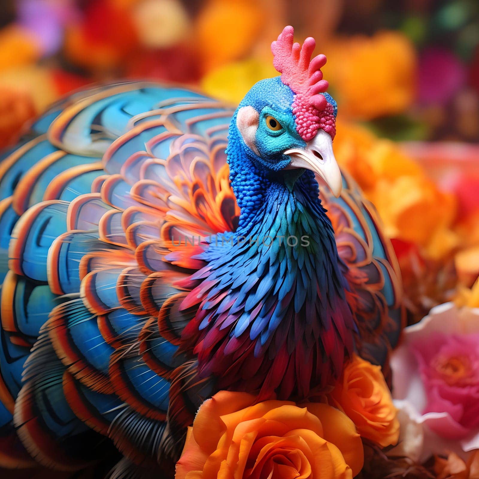 Colorful turkey sits on flowers, smudged background. Turkey as the main dish of thanksgiving for the harvest. An atmosphere of joy and celebration.