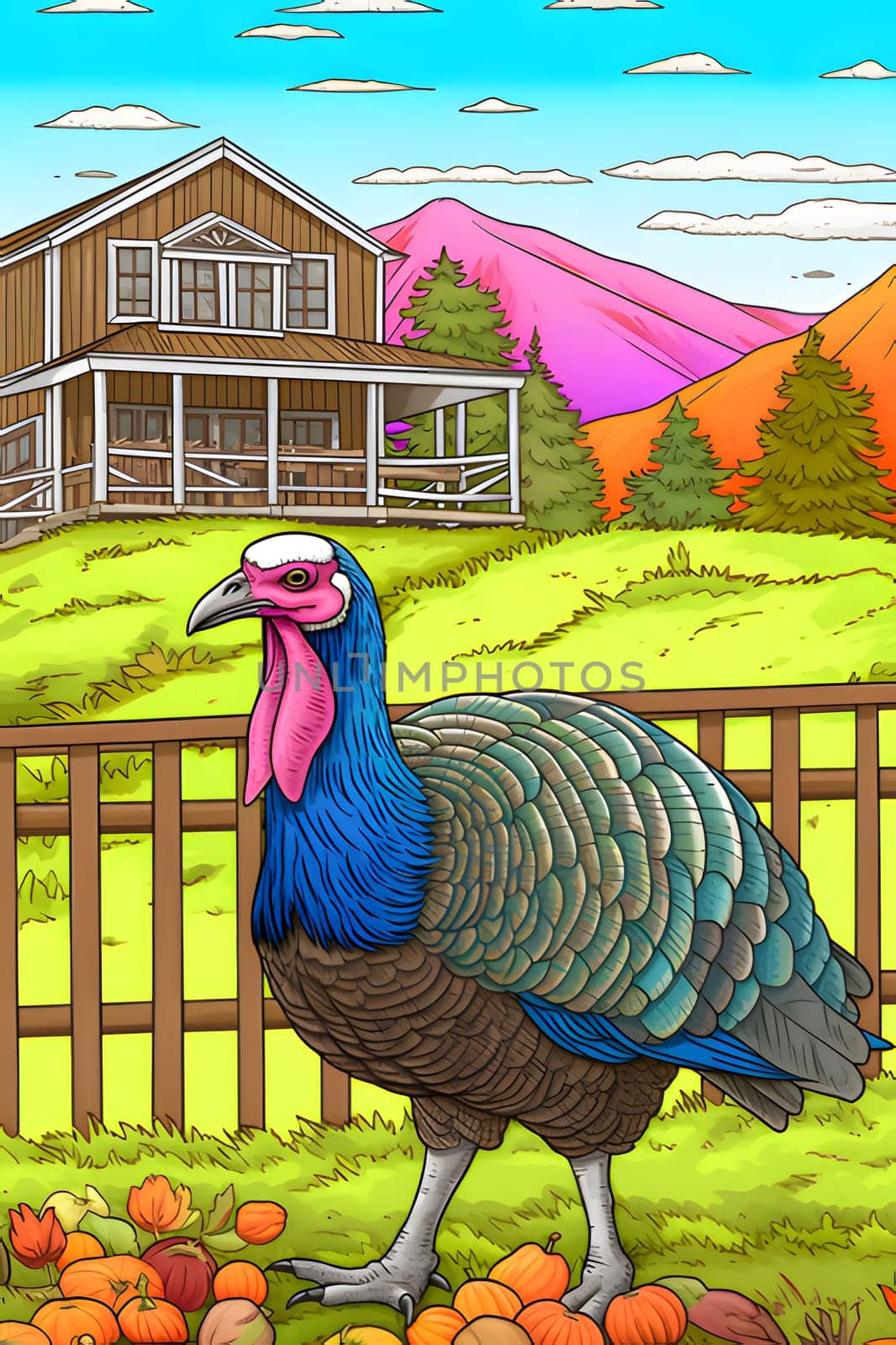 Illustration of a large turkey on a farm. Turkey as the main dish of thanksgiving for the harvest. An atmosphere of joy and celebration.
