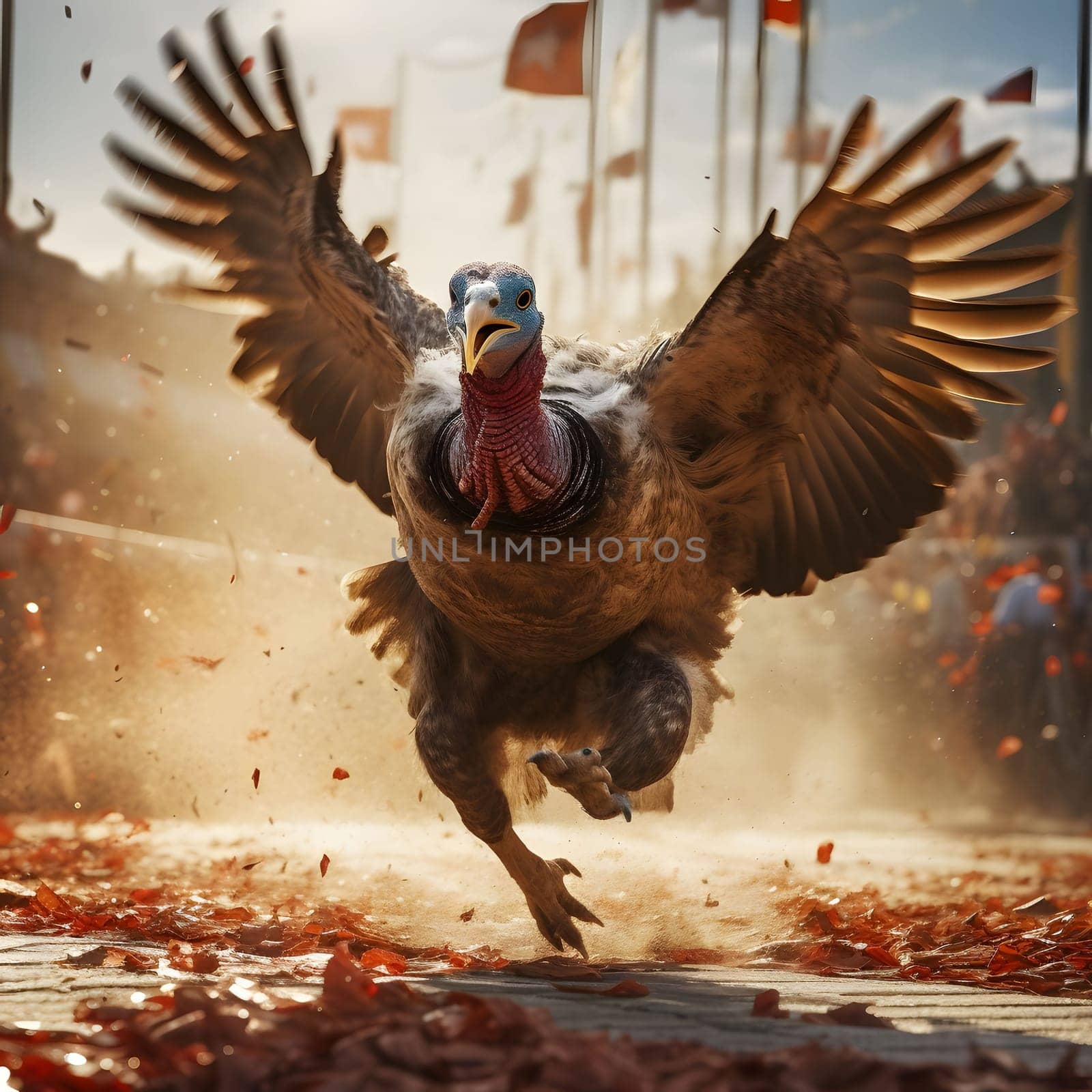 A large 3D turkey taking flight. Turkey as the main dish of thanksgiving for the harvest. An atmosphere of joy and celebration.