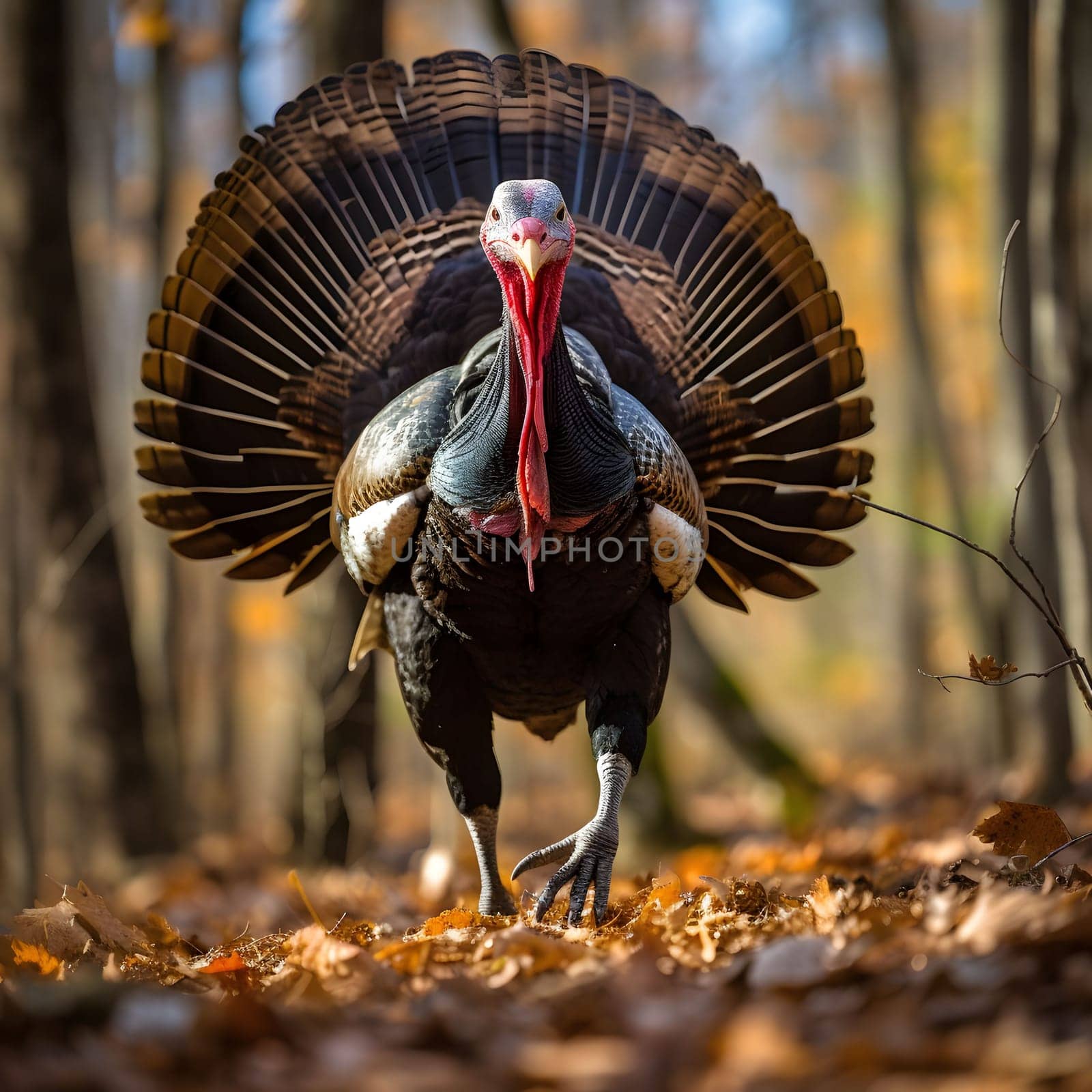 Big turkey in the woods. Turkey as the main dish of thanksgiving for the harvest. An atmosphere of joy and celebration.