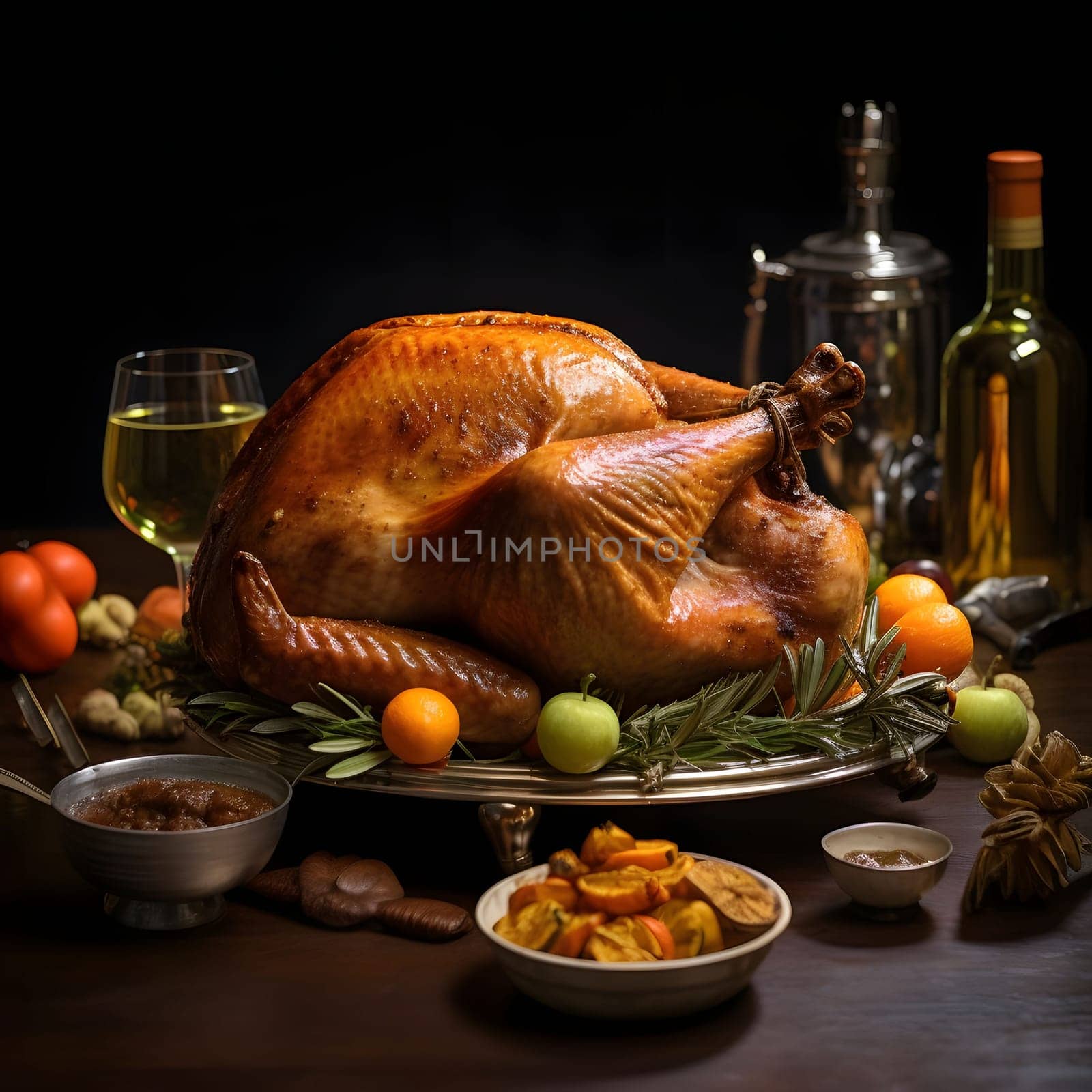 Roast turkey on a plate decorated with rosemary vegetables, fruits around wine. Dark background. Turkey as the main dish of thanksgiving for the harvest. An atmosphere of joy and celebration.