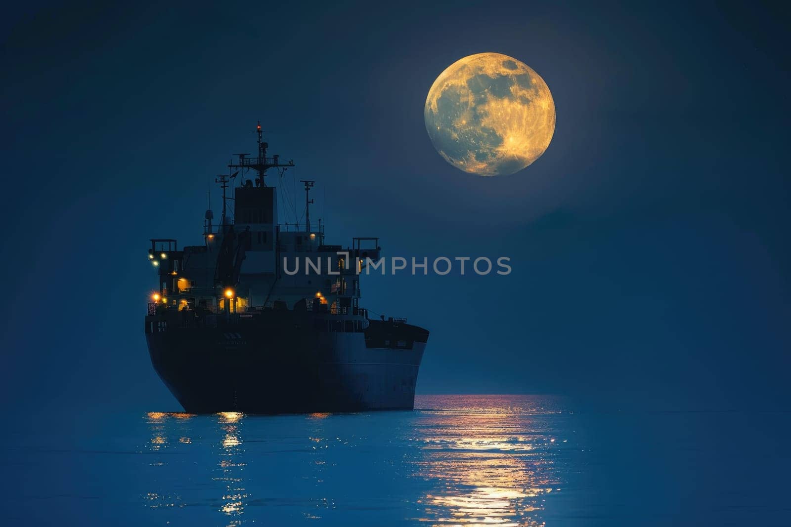 A dramatic silhouette of a cargo ship sailing across a calm ocean under a full moon