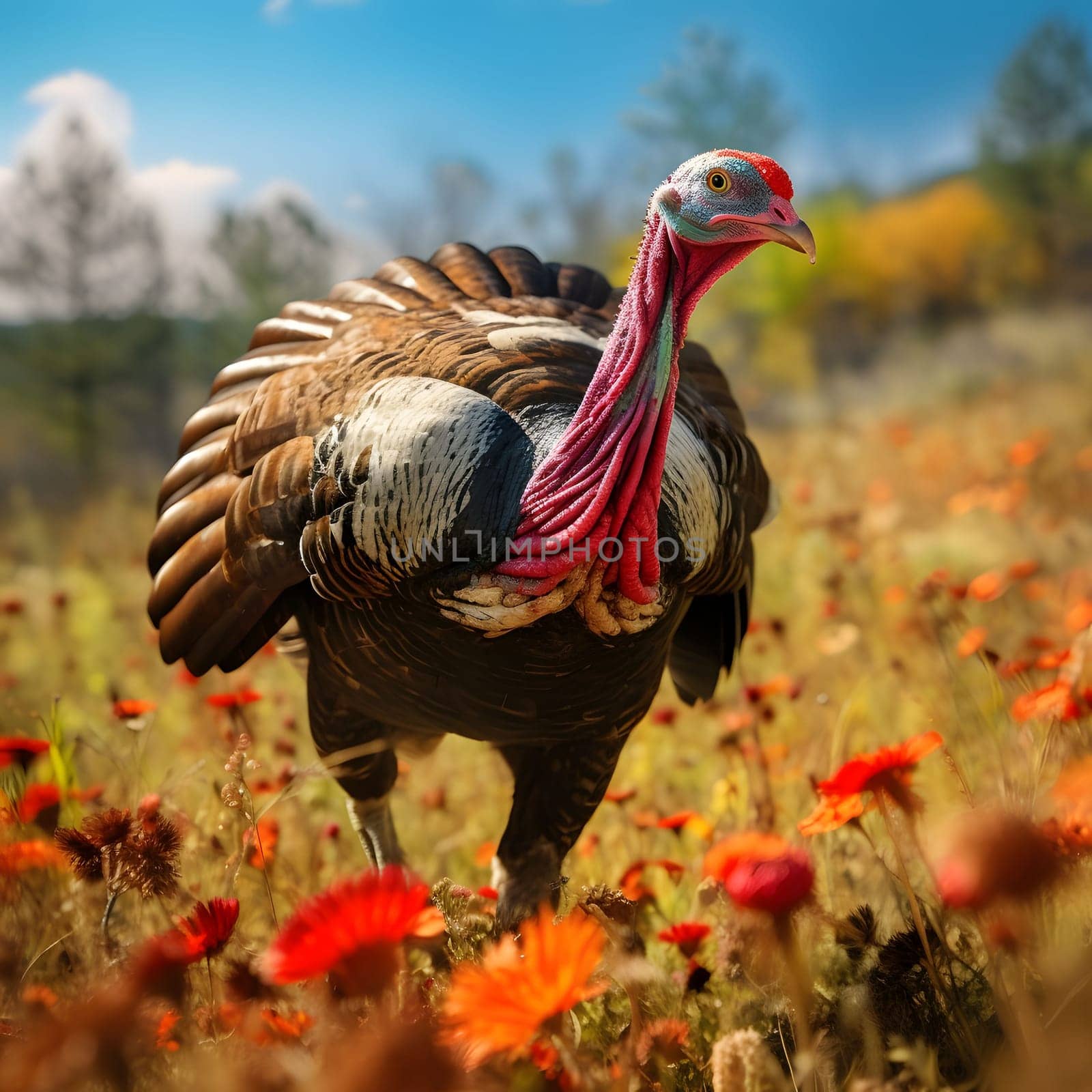 3D turkey in a flower meadow, blurred background, portrait. Turkey as the main dish of thanksgiving for the harvest. An atmosphere of joy and celebration.