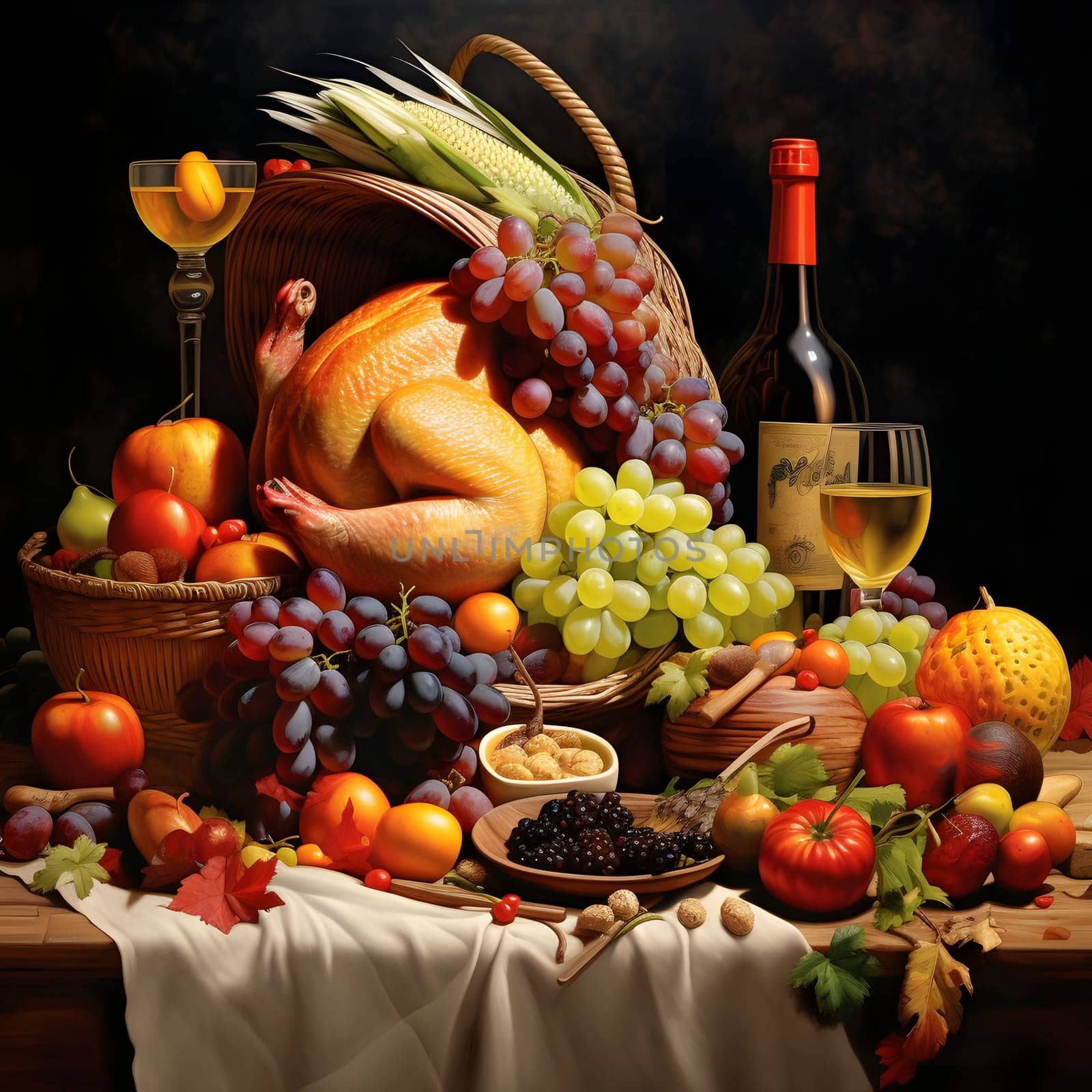 Richly set food table roast turkey wine grapes, apples, tomatoes, blackberries. Turkey as the main dish of thanksgiving for the harvest. by ThemesS