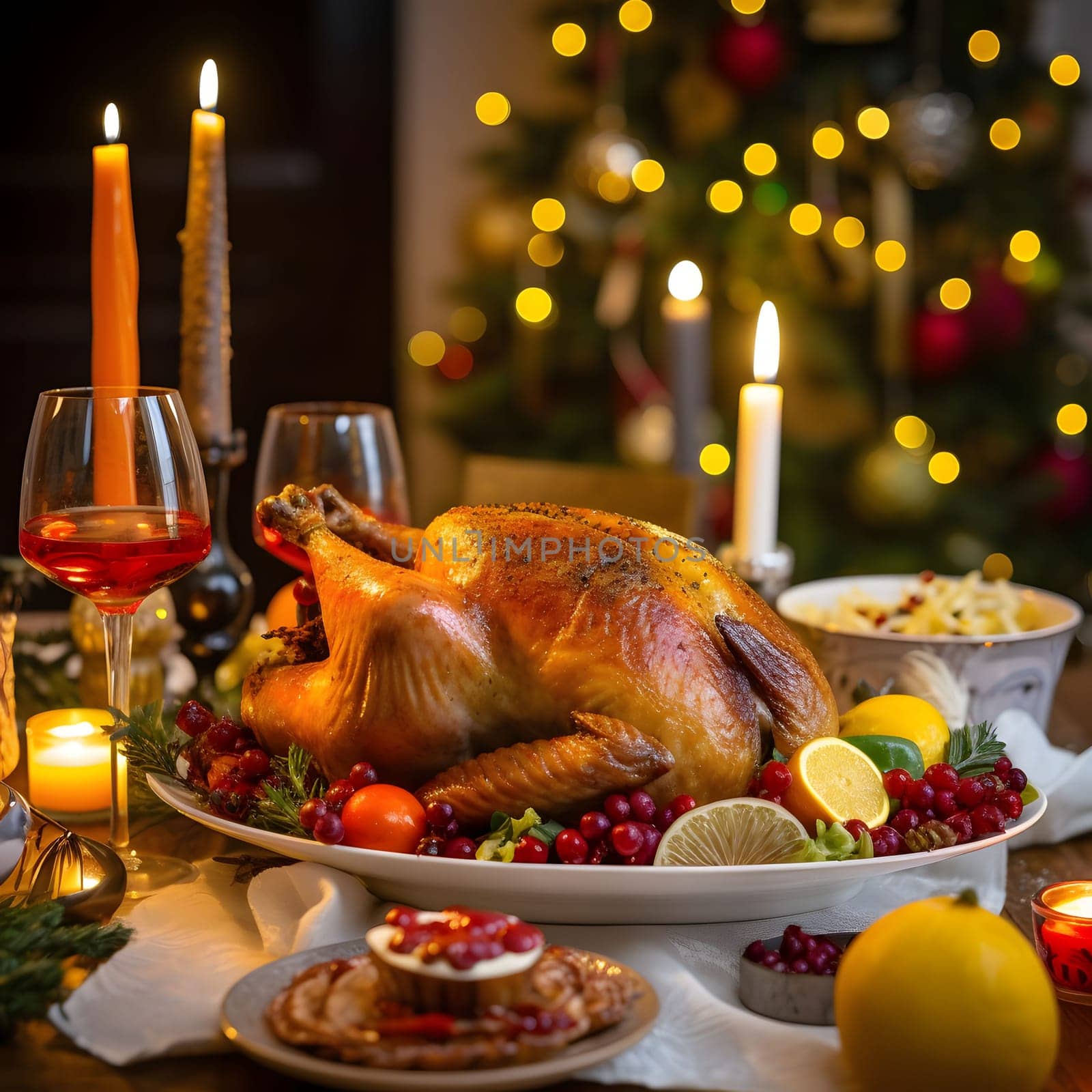 An elegant holiday table with roast turkey, lemons, wine, candles and a lit Christmas tree in the background. Turkey as the main dish of thanksgiving for the harvest. by ThemesS