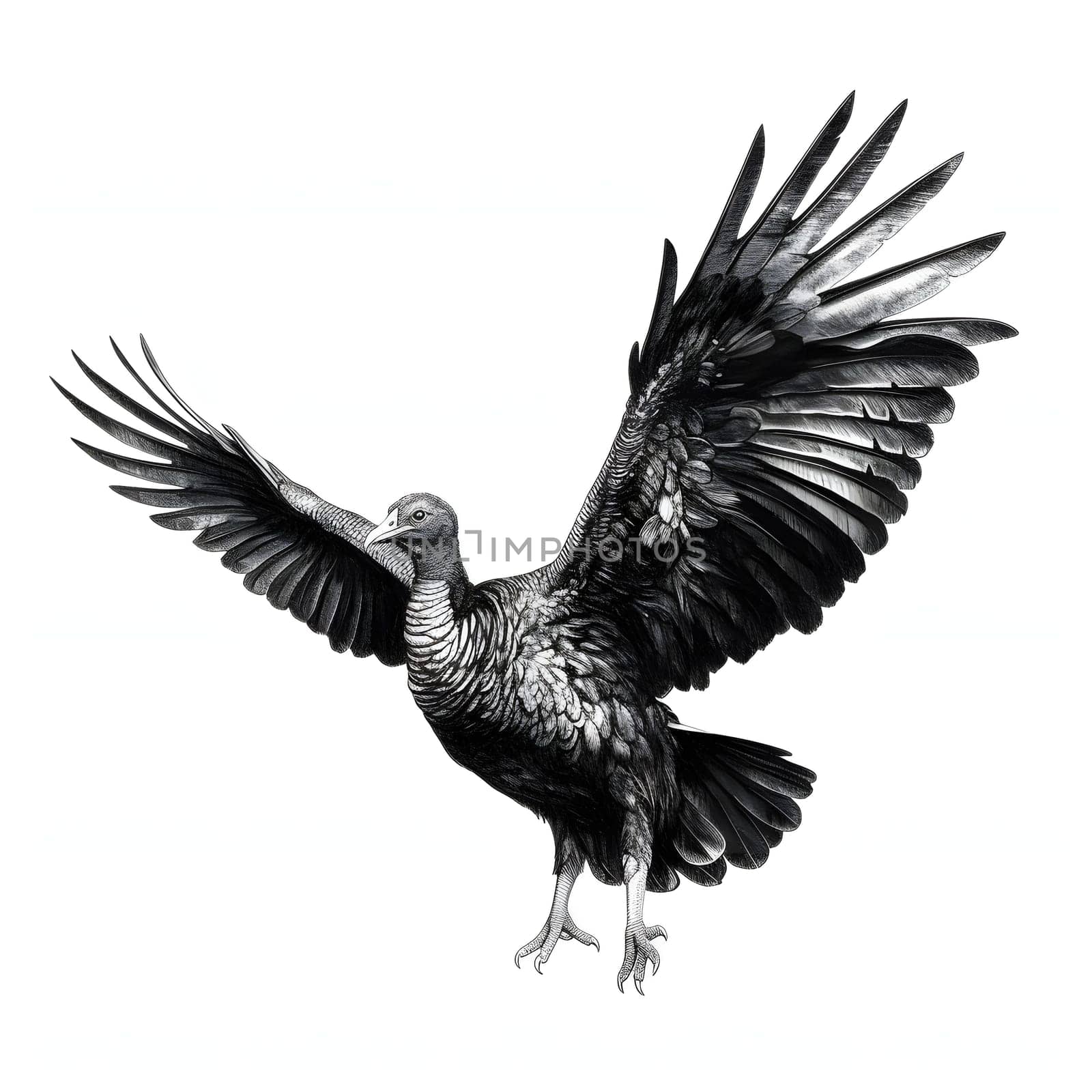 Black and white turkey in flight with wings spread. Turkey as the main dish of thanksgiving for the harvest, picture on a white isolated background. An atmosphere of joy and celebration.