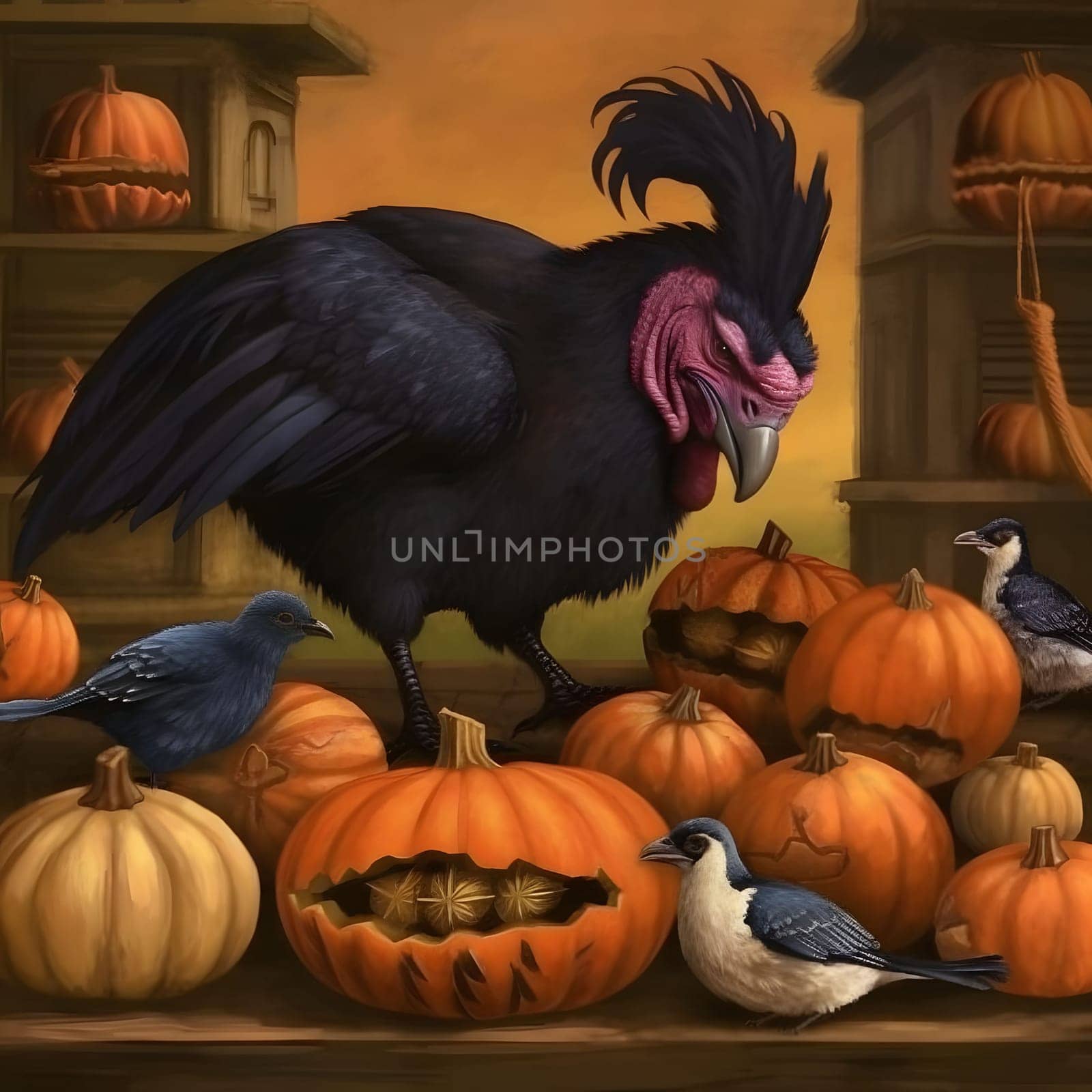 A big, Black, ominous turkey with pigeons and pumpkins all around. Turkey as the main dish of thanksgiving for the harvest. An atmosphere of joy and celebration.