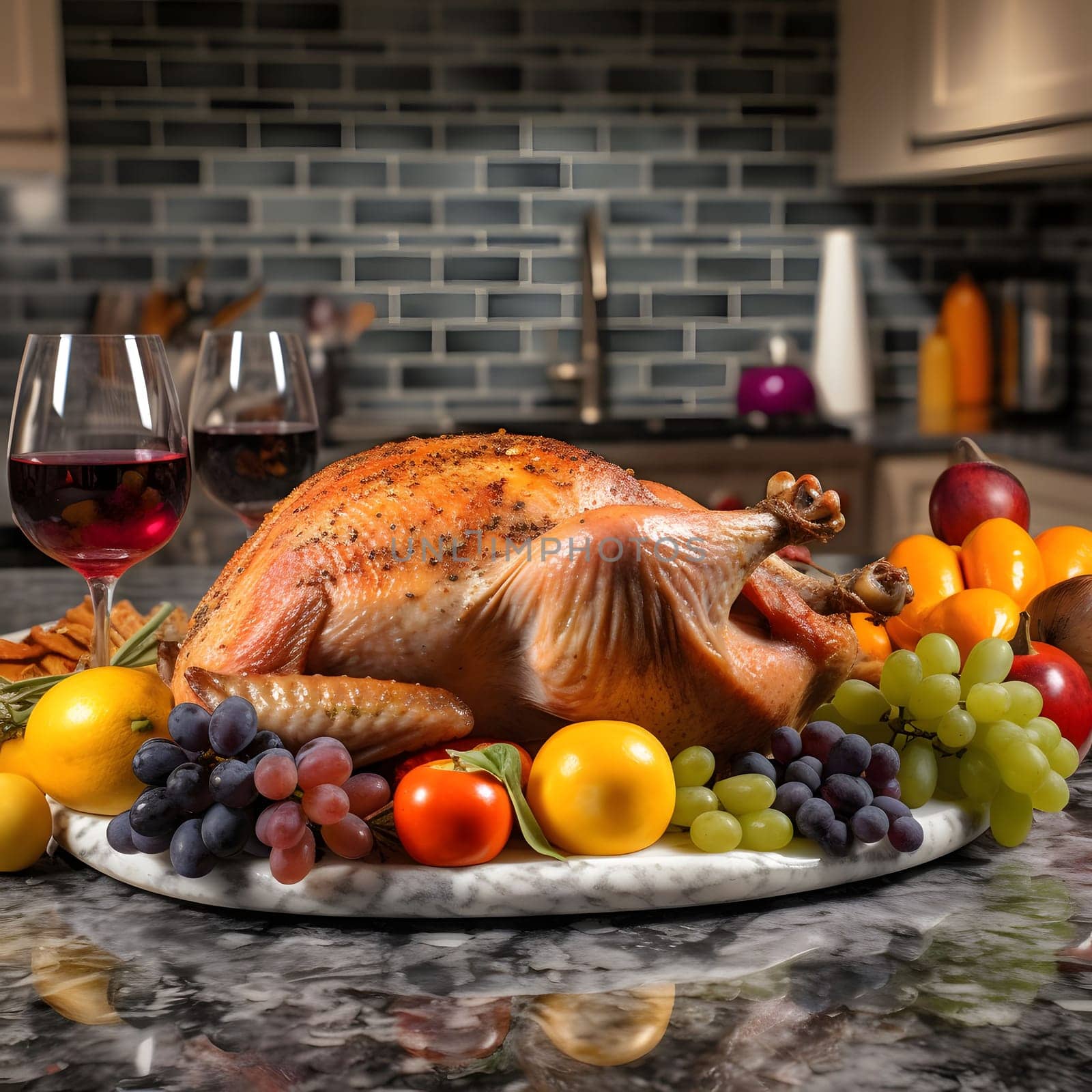 Kitchen tray with roasted turkey, pumpkins and oranges around wine in the background kitchen. Turkey as the main dish of thanksgiving for the harvest. by ThemesS