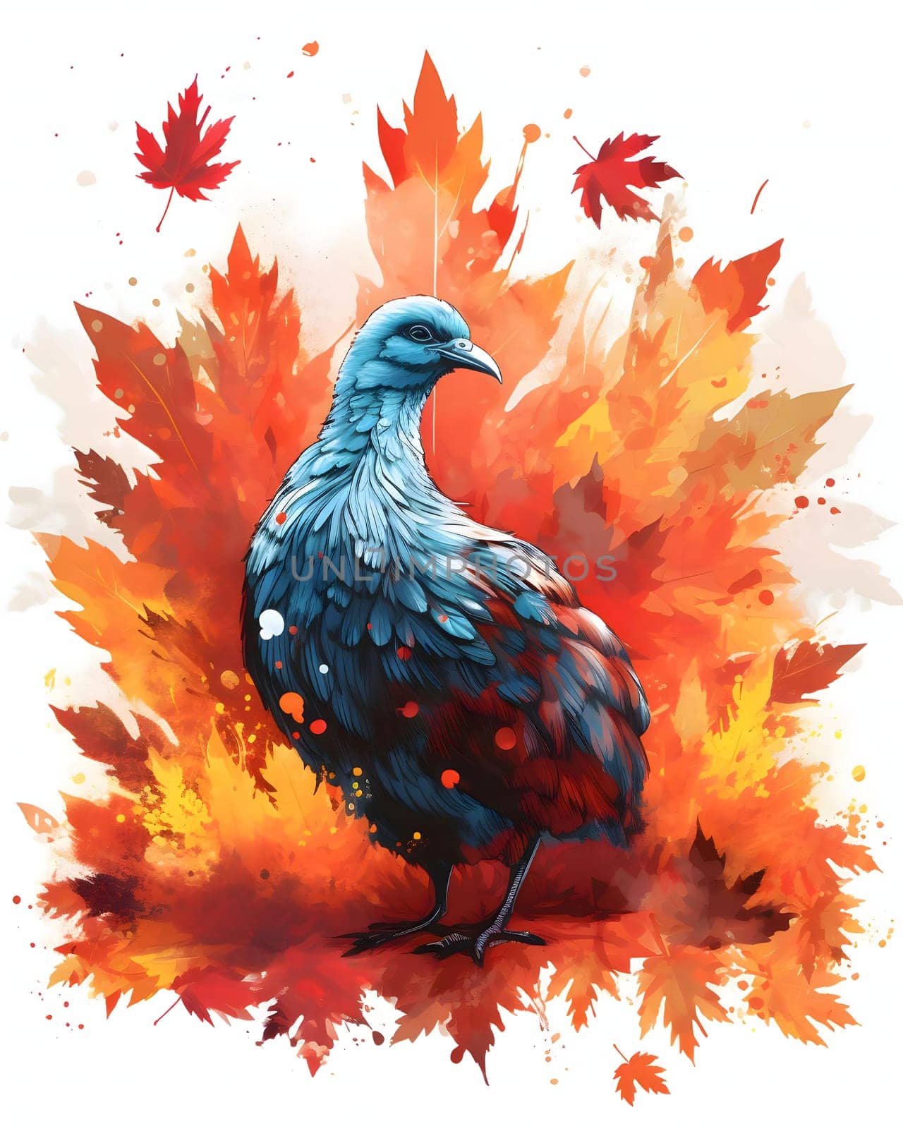 Illustration showing a young turkey over a ble autumn leaves white background. Turkey as the main dish of thanksgiving for the harvest. An atmosphere of joy and celebration.