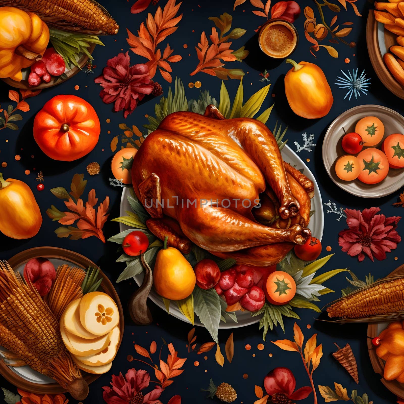 Roast turkey, tomatoes, corn, pears. A feast of leaves. Turkey as the main dish of thanksgiving for the harvest. by ThemesS