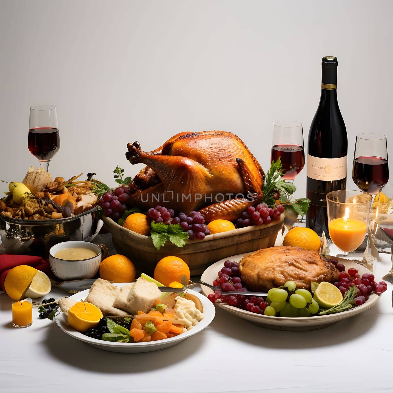 Table full of food with turkey, wine, sweets, flowers, candles. Turkey as the main dish of thanksgiving for the harvest, picture on a white isolated background. by ThemesS