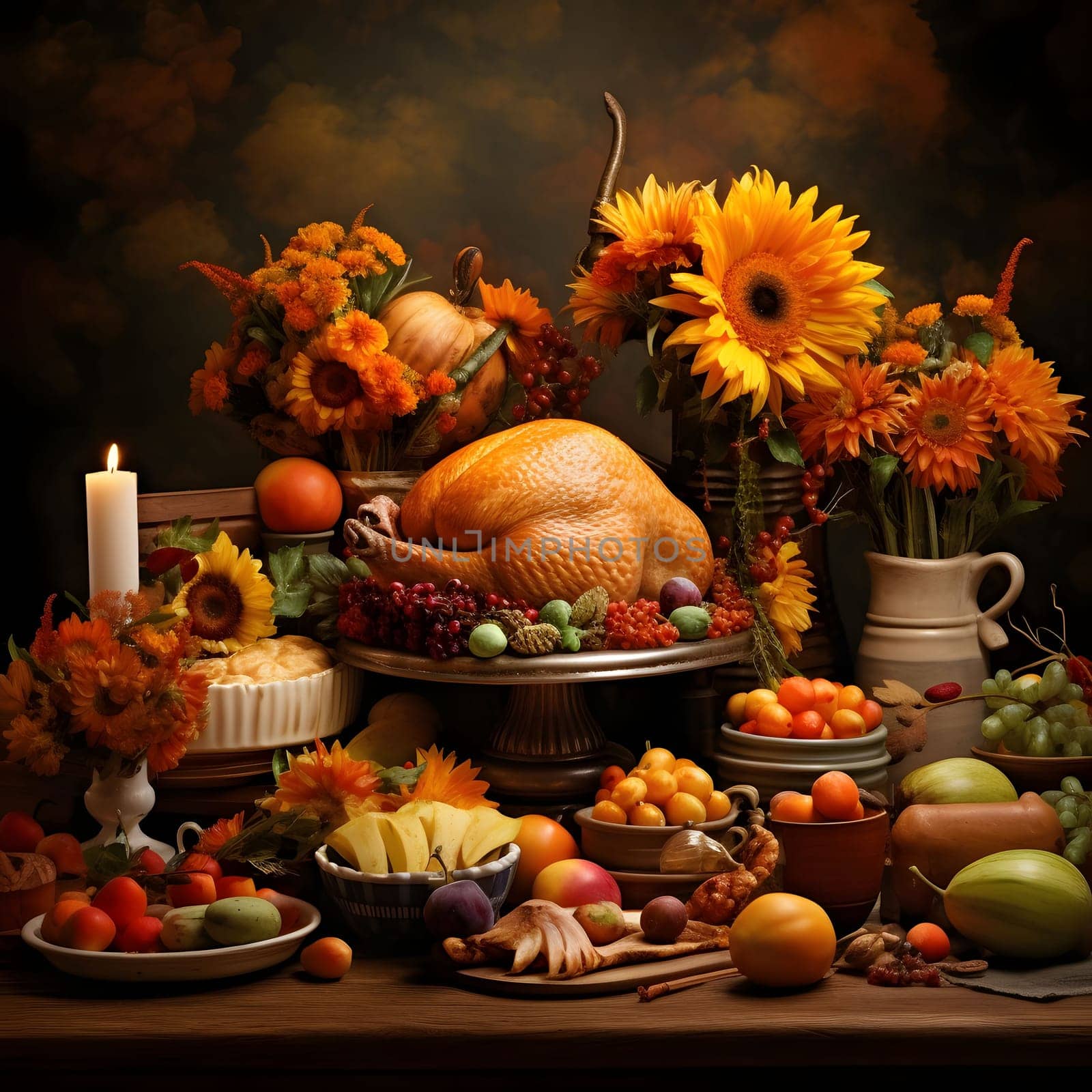 Table full of food roast turkey, vegetables, fruits, sunflowers, candles, flowers, leaves. Turkey as the main dish of thanksgiving for the harvest. An atmosphere of joy and celebration.