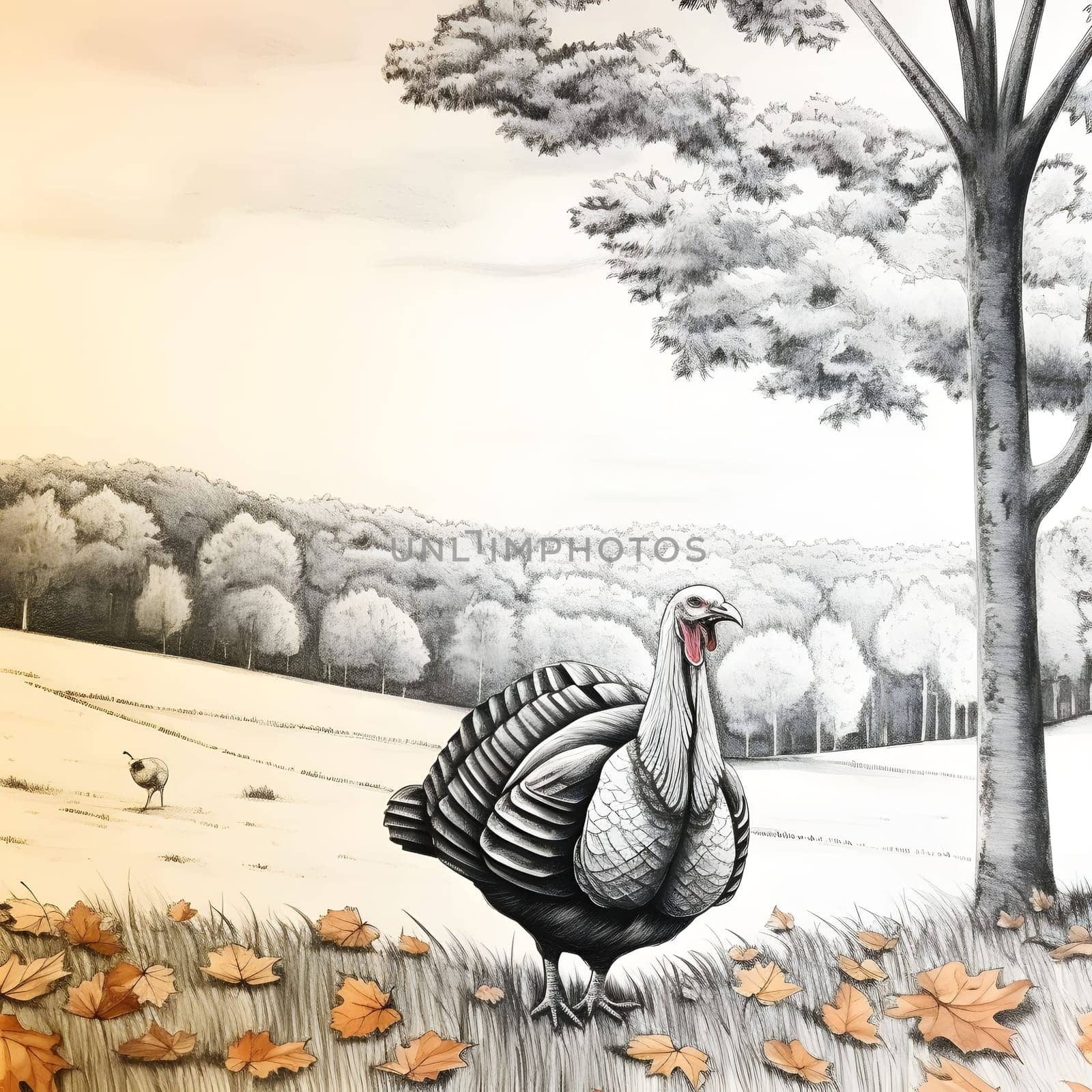 Black and White illustration, drawing, turkey in a field, around a tree, valley. Turkey as the main dish of thanksgiving for the harvest, picture on a white isolated background. An atmosphere of joy and celebration.