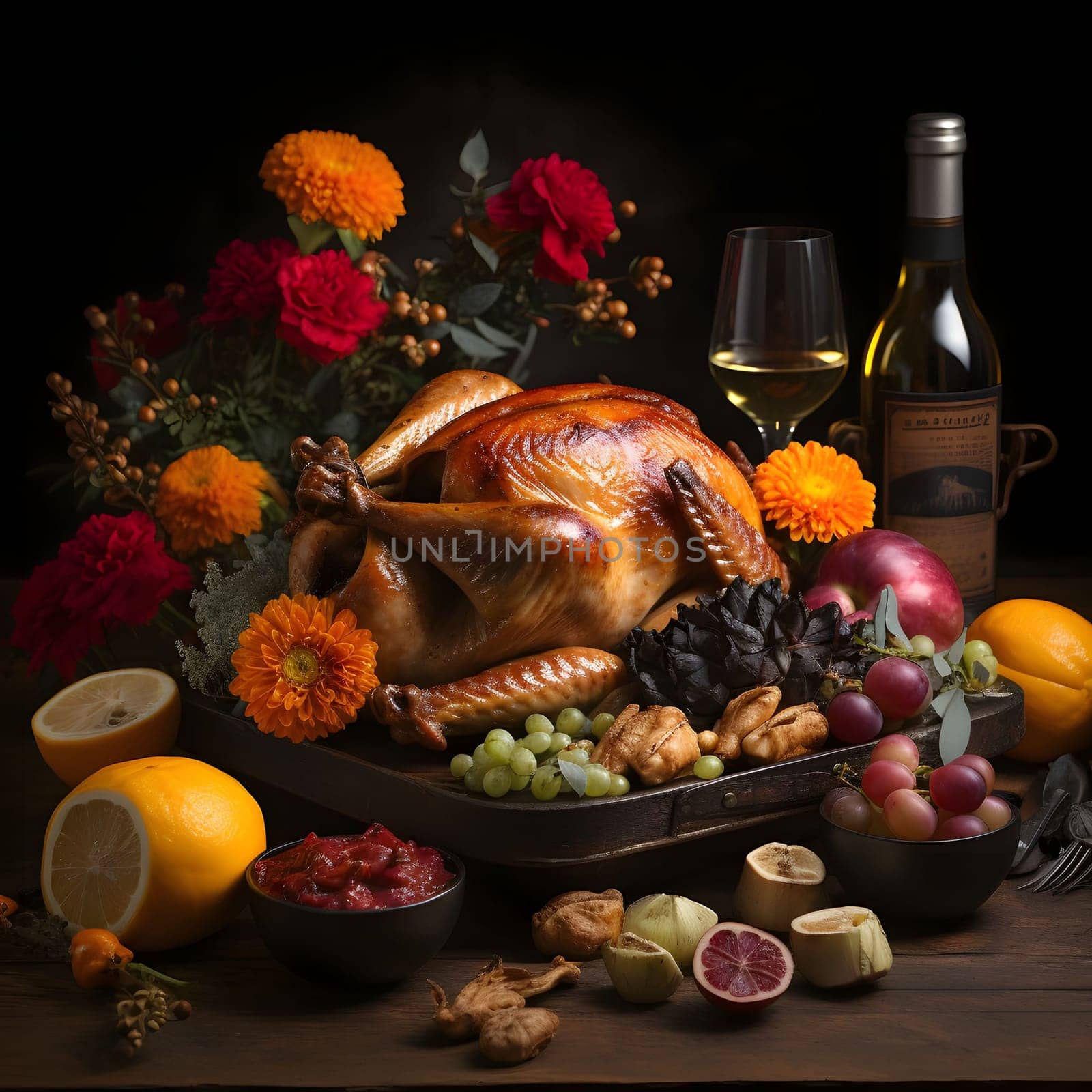 The photo is a close up on a roast turkey decorated with vegetables, fruit, lemon, bottle, wine flowers. Turkey as the main dish of thanksgiving for the harvest. An atmosphere of joy and celebration.