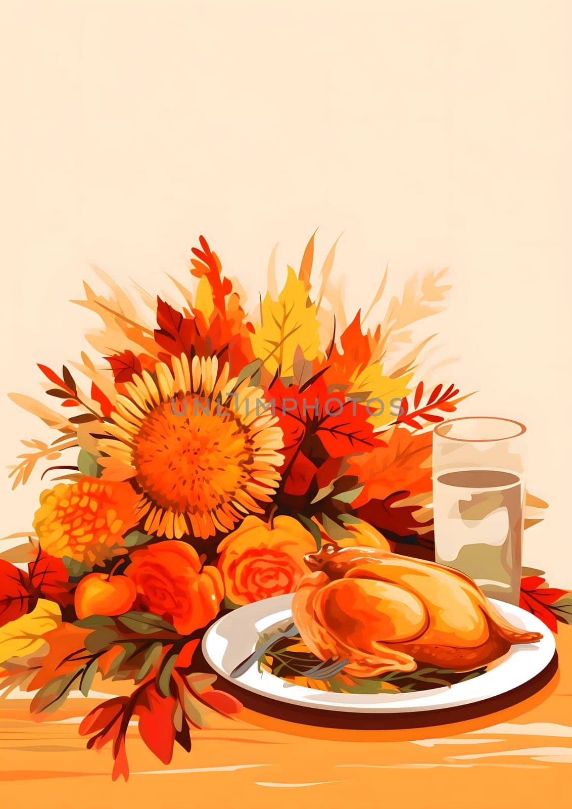 Illustration of beautiful autumn flowers and leaves plate with turkey, glass of water. Turkey as the main dish of thanksgiving for the harvest. An atmosphere of joy and celebration.