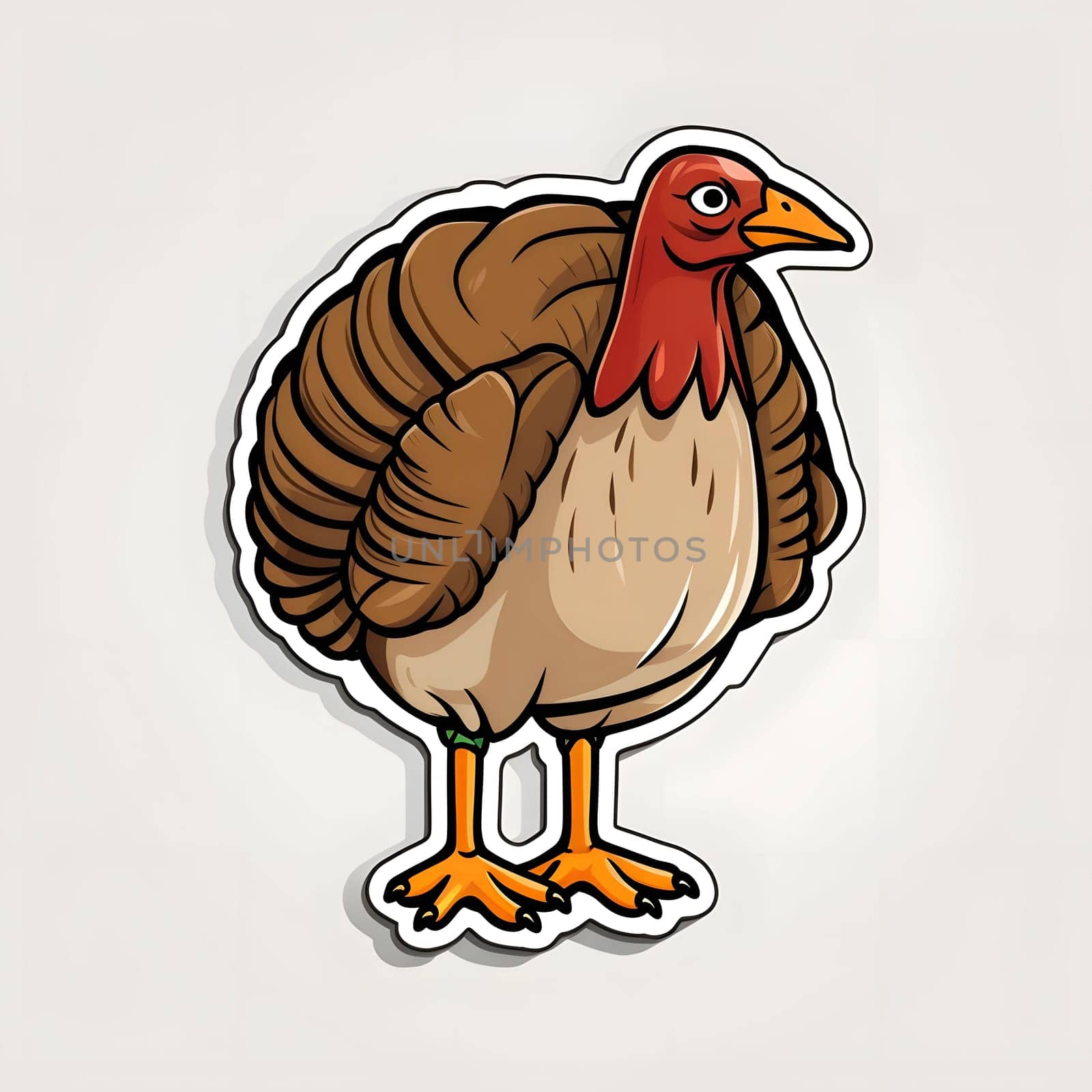 Turkey sticker. Turkey as the main dish of thanksgiving for the harvest, picture on a white isolated background. An atmosphere of joy and celebration.