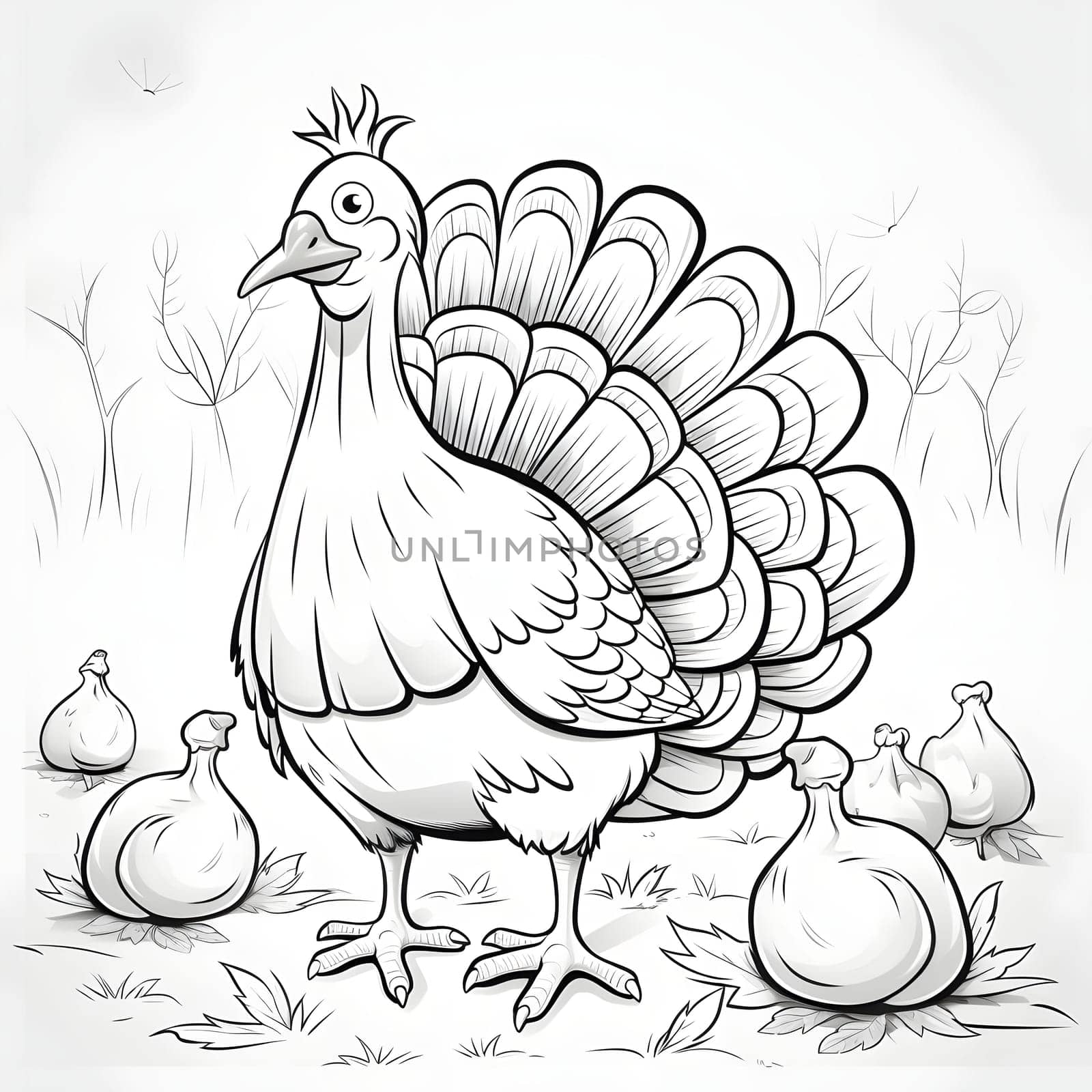 Black and White coloring book, funny turkey. Turkey as the main dish of thanksgiving for the harvest, picture on a white isolated background. An atmosphere of joy and celebration.