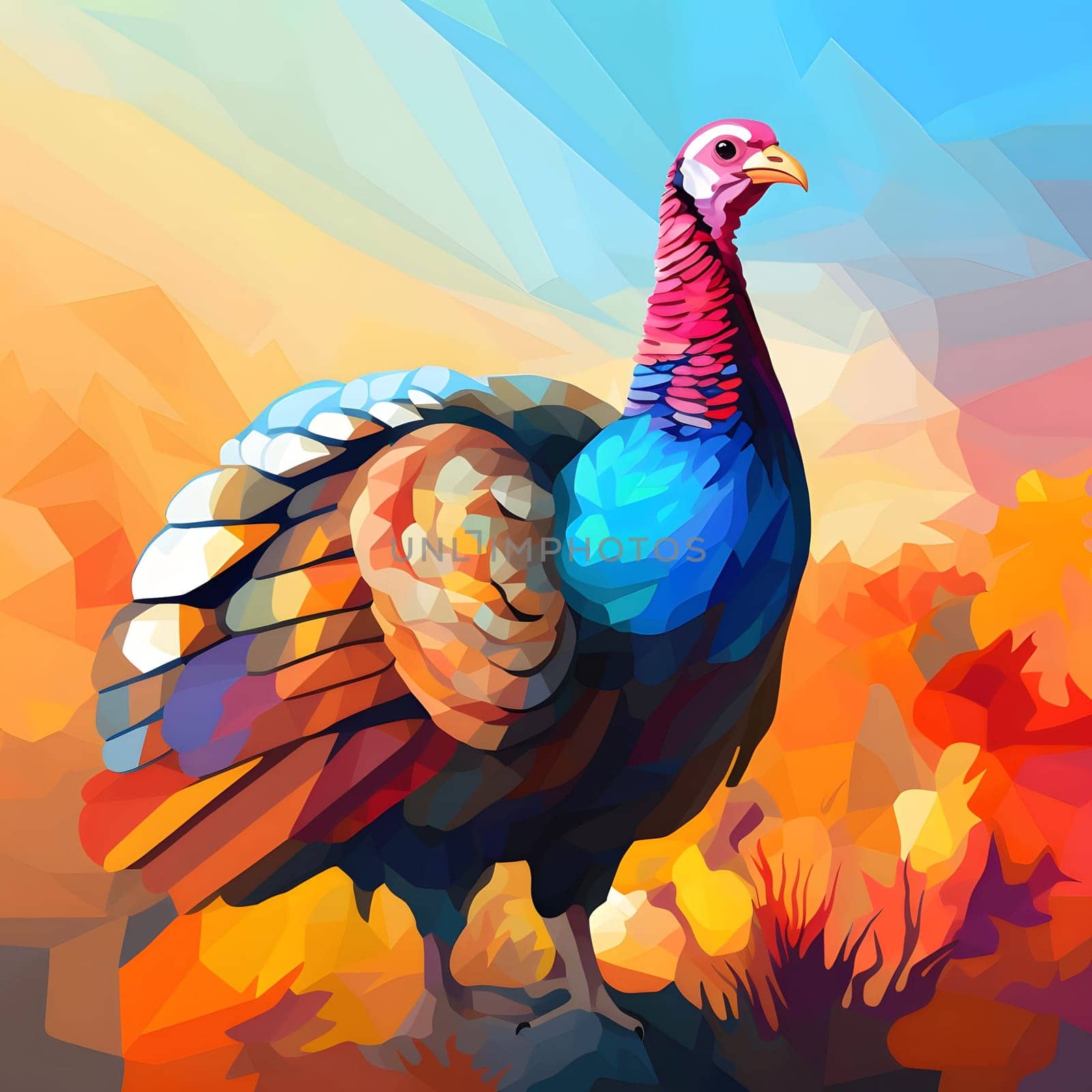 Colorful and turkey with geometric watercolor figures. Turkey as the main dish of thanksgiving for the harvest. by ThemesS