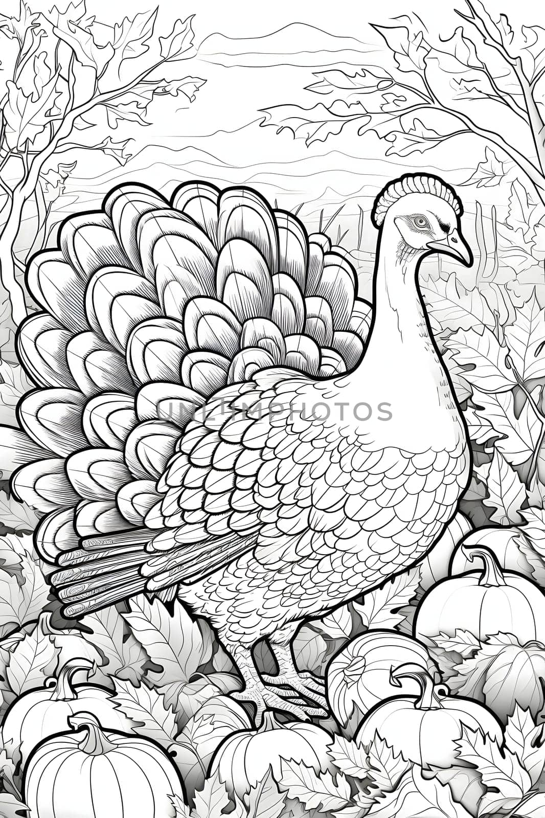 Black and White coloring book turkey on southern tree leaves autumn. Turkey as the main dish of thanksgiving for the harvest, picture on a white isolated background. by ThemesS