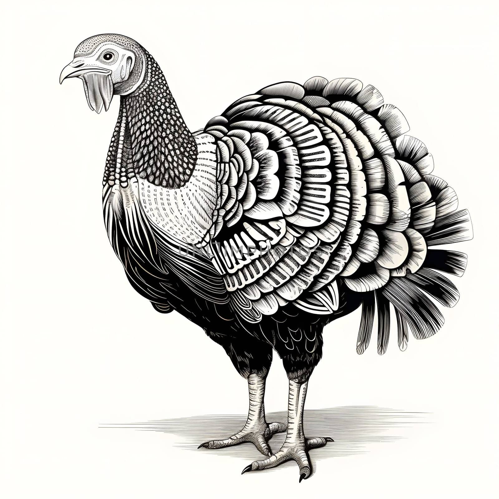 Black and white turkey engraving. Turkey as the main dish of thanksgiving for the harvest, picture on a white isolated background. An atmosphere of joy and celebration.