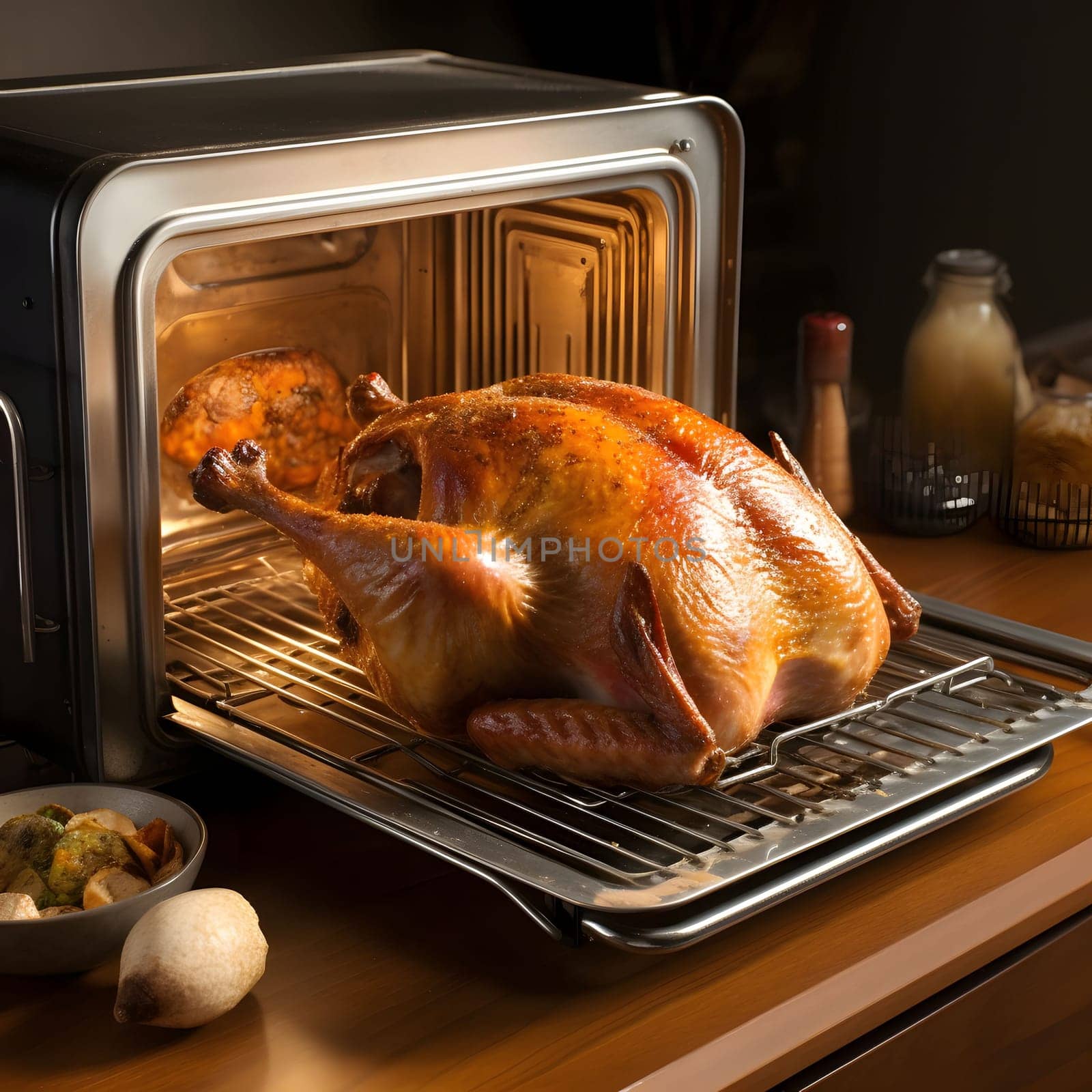 Turkey put in a small oven. Turkey as the main dish of thanksgiving for the harvest. An atmosphere of joy and celebration.