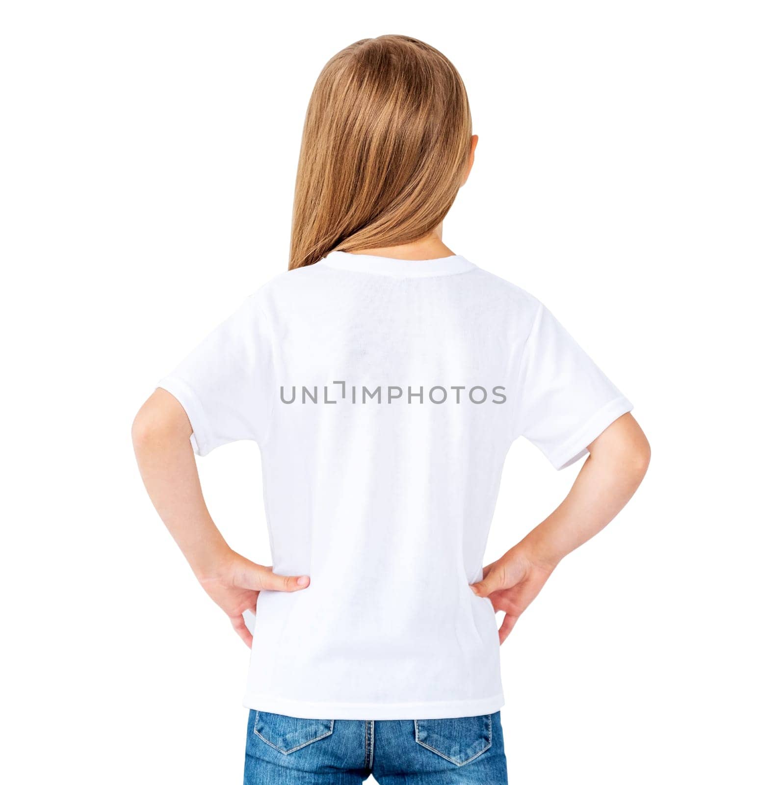 Little girl posing in white blank t-shirt isolated on a white background, back view