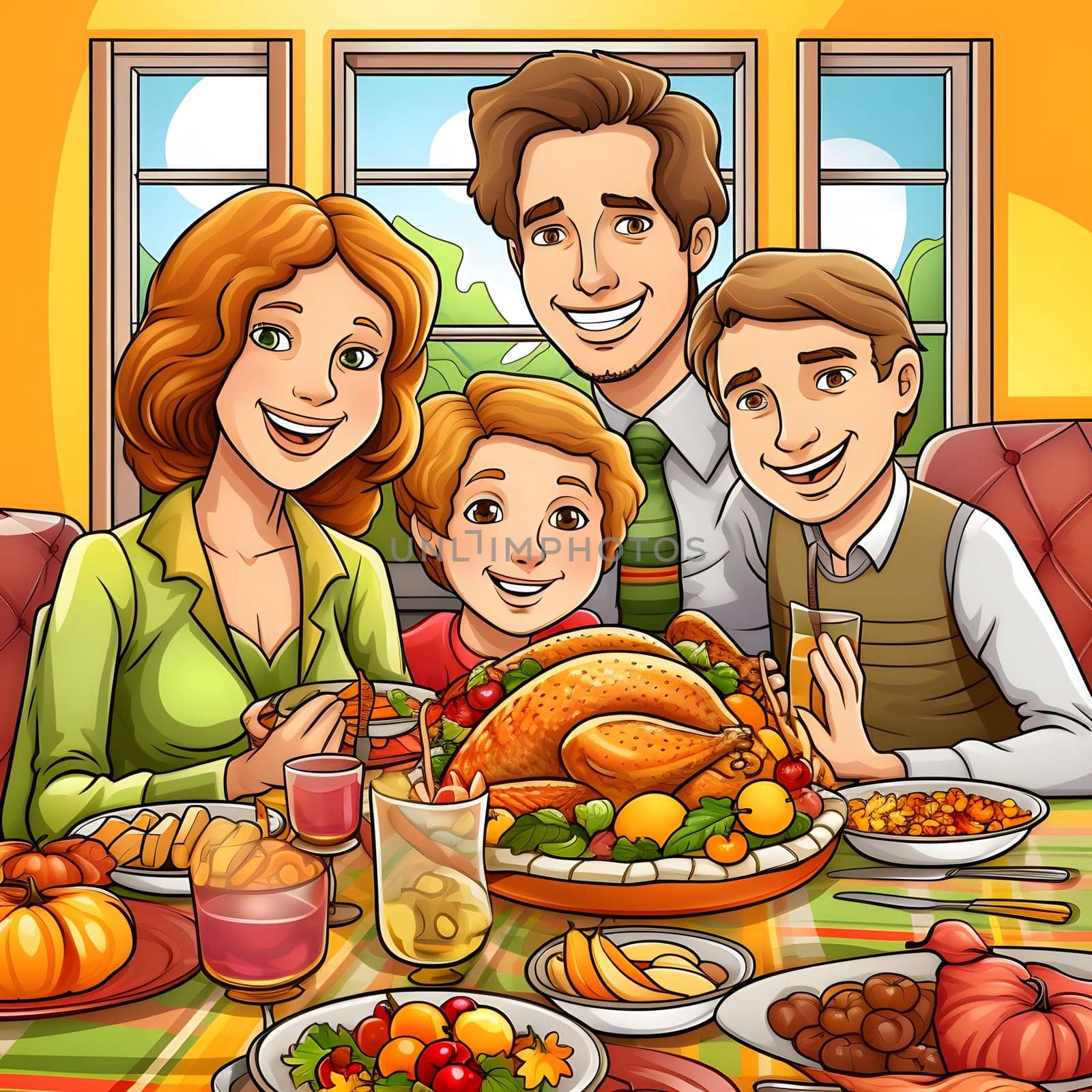 A cartoon illustration of a smiling family at a Thanksgiving feast with turkey. Turkey as the main dish of thanksgiving for the harvest. by ThemesS
