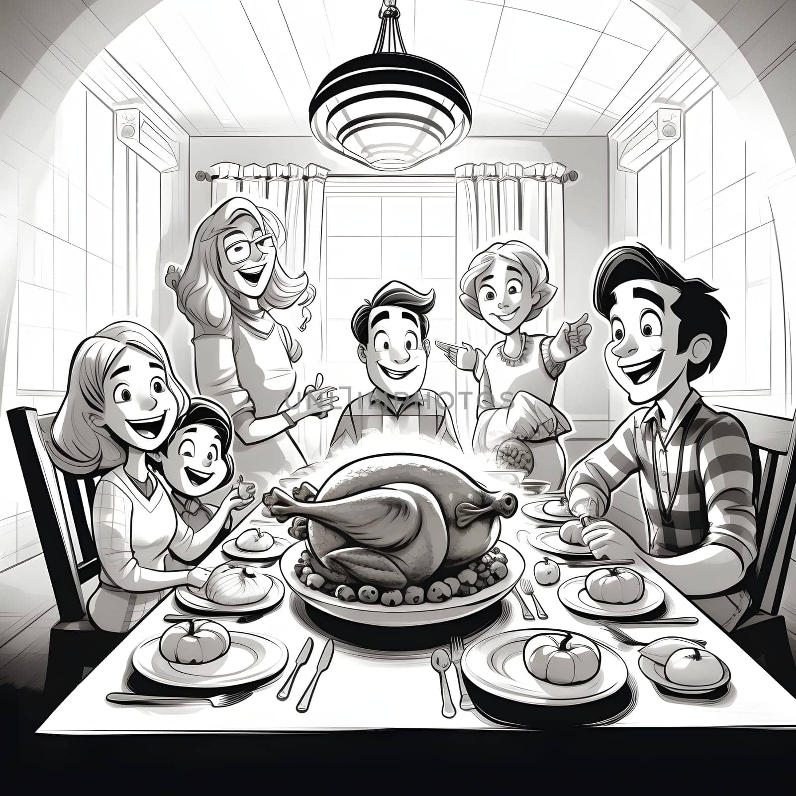 Black and White coloring illustration of a happy family at a holiday table in the middle of a roast turkey, pumpkins. Turkey as the main dish of thanksgiving for the harvest. by ThemesS