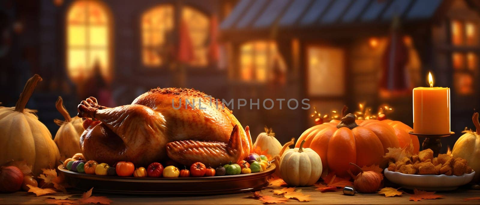 Table top and on it pumpkins, candles Baked Turkey., banner with space for your own content. Blurred background. Blank space for caption.