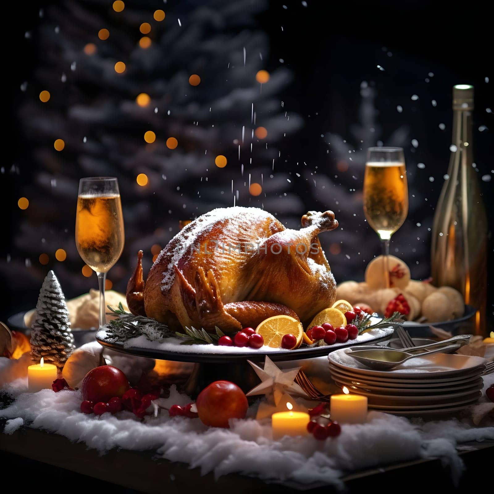 Roast turkey all around glasses of wine, candles in the background falling snow stars. Turkey as the main dish of thanksgiving for the harvest. by ThemesS